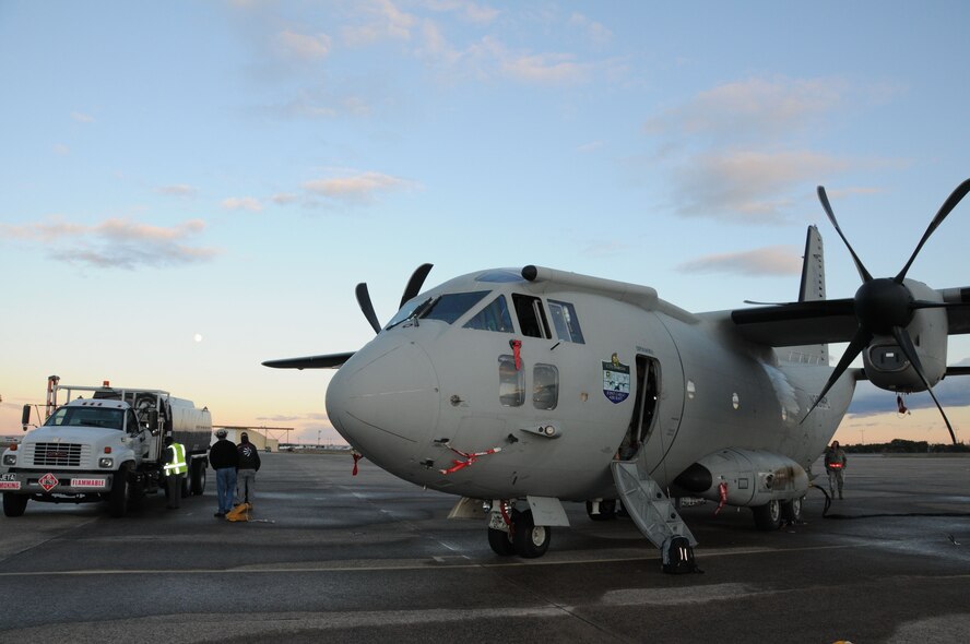 A C27J Spartan is shown on the ramp during a familiarization visit to the Bradley Air National Guard Base in East Granby, Conn. on Thursday, Oct. 21, 2010.  The aircraft visit afforded the Flying Yankees of the 103rd Airlift Wing an opportunity to experience its future mission capabilities first hand.  (U.S. Air Force photo by Tech. Sgt. Erin E. McNamara)