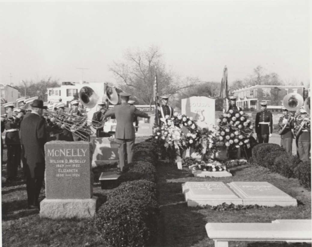 Lieutenant Colonel Arnald D. Gabriel, Director of The United States Air Force Band, guest conducts the Marine Band during the annual memorial services, 6 Nov 1967, for John Philip Sousa at Mr. Sousa’s gravesite in Congressional Cemetery, Washington, D.C. If you have any further insight regarding the event, please email our Band Historian <a href="mailto:usafbandhistorian@afncr.af.mil">Tech. Sgt. Tracey MacDonald</a>. Thank you and we look forward to hearing from you!  This is Photo 38. (Photo by Staff Sgt. Zans Wilson)
