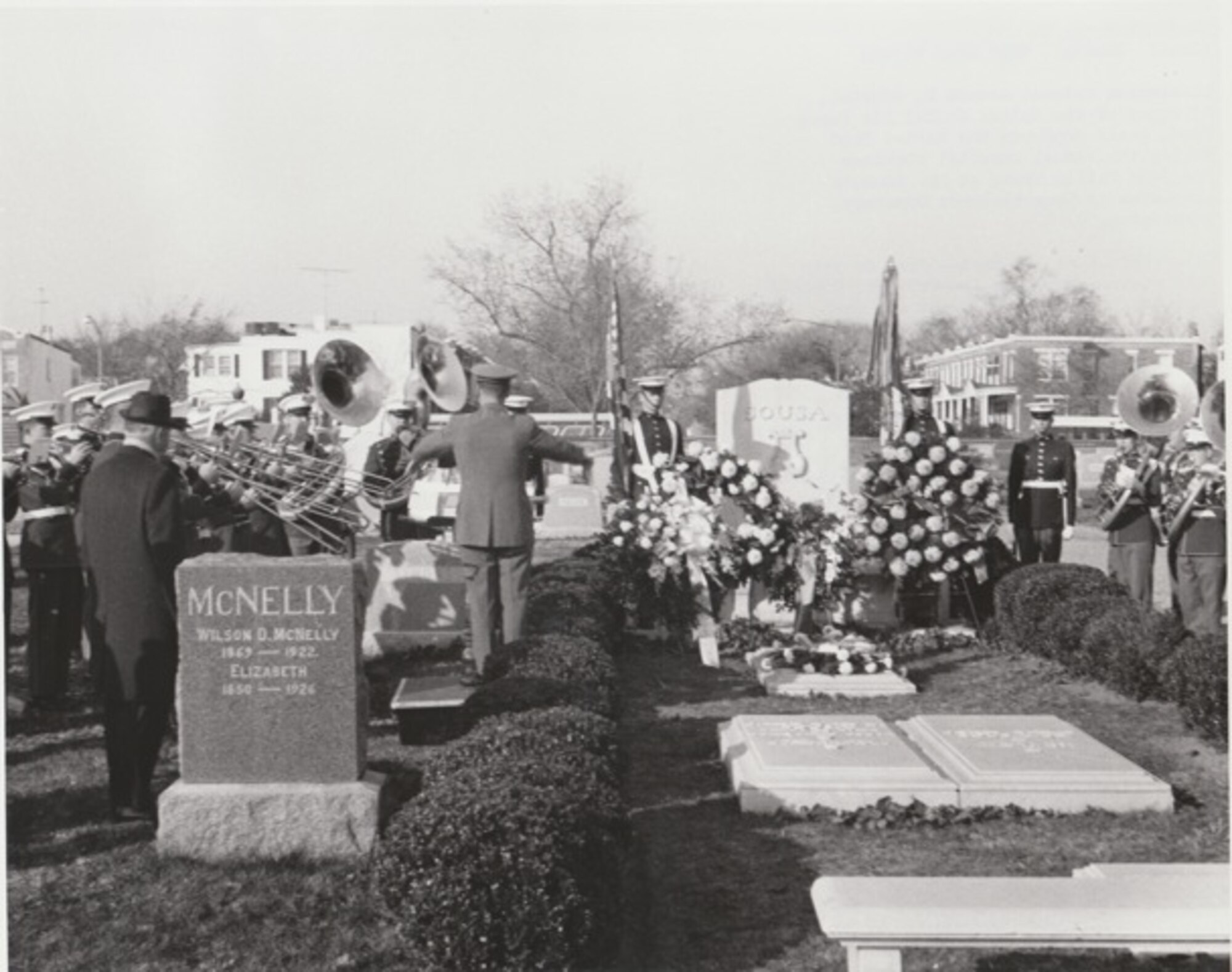 Lieutenant Colonel Arnald D. Gabriel, Director of The United States Air Force Band, guest conducts the Marine Band during the annual memorial services, 6 Nov 1967, for John Philip Sousa at Mr. Sousa’s gravesite in Congressional Cemetery, Washington, D.C. If you have any further insight regarding the event, please email our Band Historian <a href="mailto:usafbandhistorian@afncr.af.mil">Tech. Sgt. Tracey MacDonald</a>. Thank you and we look forward to hearing from you!  This is Photo 38. (Photo by Staff Sgt. Zans Wilson)