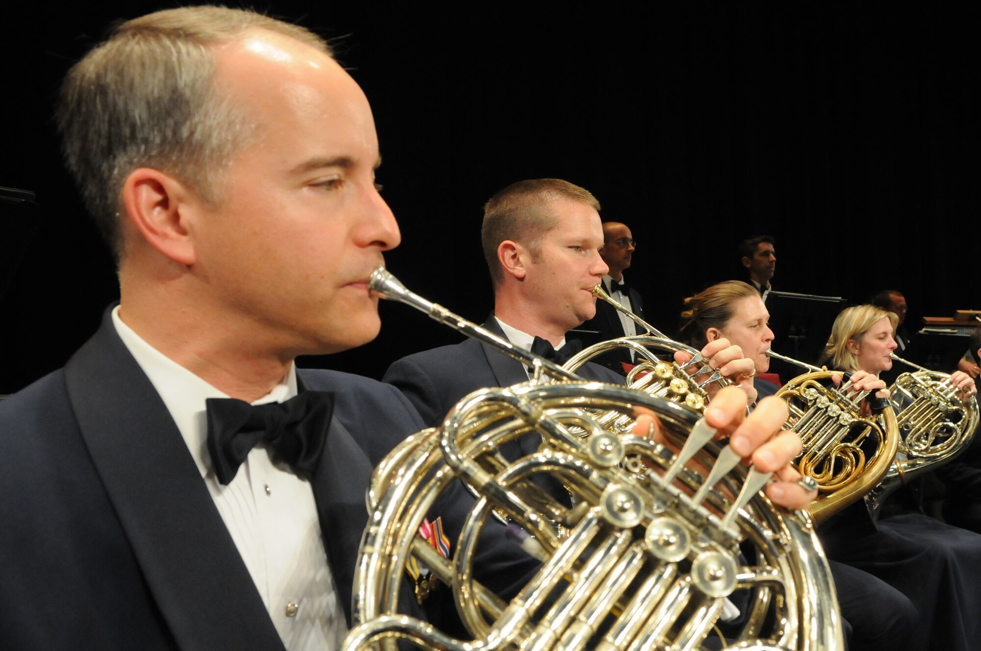 LAMPETER, Pa. -- French horn players in the U.S. Air Force Band perform Oct. 16 at Lampeter-Strasburg High School in Lampeter, Pa. The performance is the eleventh in the band’s three-week 2010 Fall Tour. (U.S. Air Force photo by Senior Airman Christopher Ruano) 