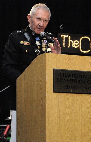 CHARLESTON, SC (October 23, 2010) Medal of Honor recipient Marine Corps Maj. Gen. (Ret.) James Livingston, delivers his remarks to guests at the first Joint Base Charleston Military Ball held at the North CHS Convention Center, Oct. 23, 2010. General Livingston served the United States Marine Corps for 33 years and was awarded the Congressional Medal of Honor May 2, 1968. (U.S. Navy photo/Mass Communication Specialist 1st Class Jennifer R. Hudson)