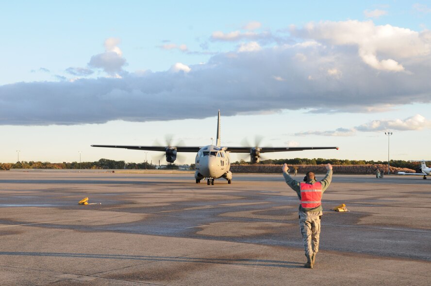 A C27J Spartan is shown on the ramp during a familiarization visit to the Bradley Air National Guard Base in East Granby, Conn. on Thursday, Oct. 21, 2010.  The aircraft visit afforded the Flying Yankees of the 103rd Airlift Wing an opportunity to experience its future mission capabilities first hand.  (U.S. Air Force photo by Tech. Sgt. Erin E. McNamara)