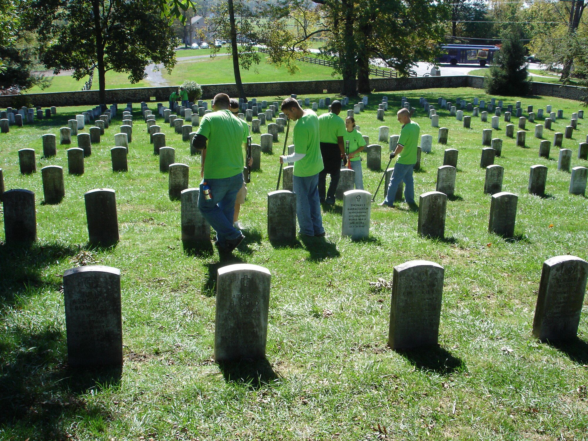 Volunteers from Dover Air Force Base, Del., assist the National Park Service staff with maintenance and preservation of the grounds of the national cemetery, Oct. 8, 2010, at Gettysburg National Military Park, Gettysburg, Pa. More than 95 volunteers arrived to assist the service staff. (U.S. Air Force courtesy photo/Released)       