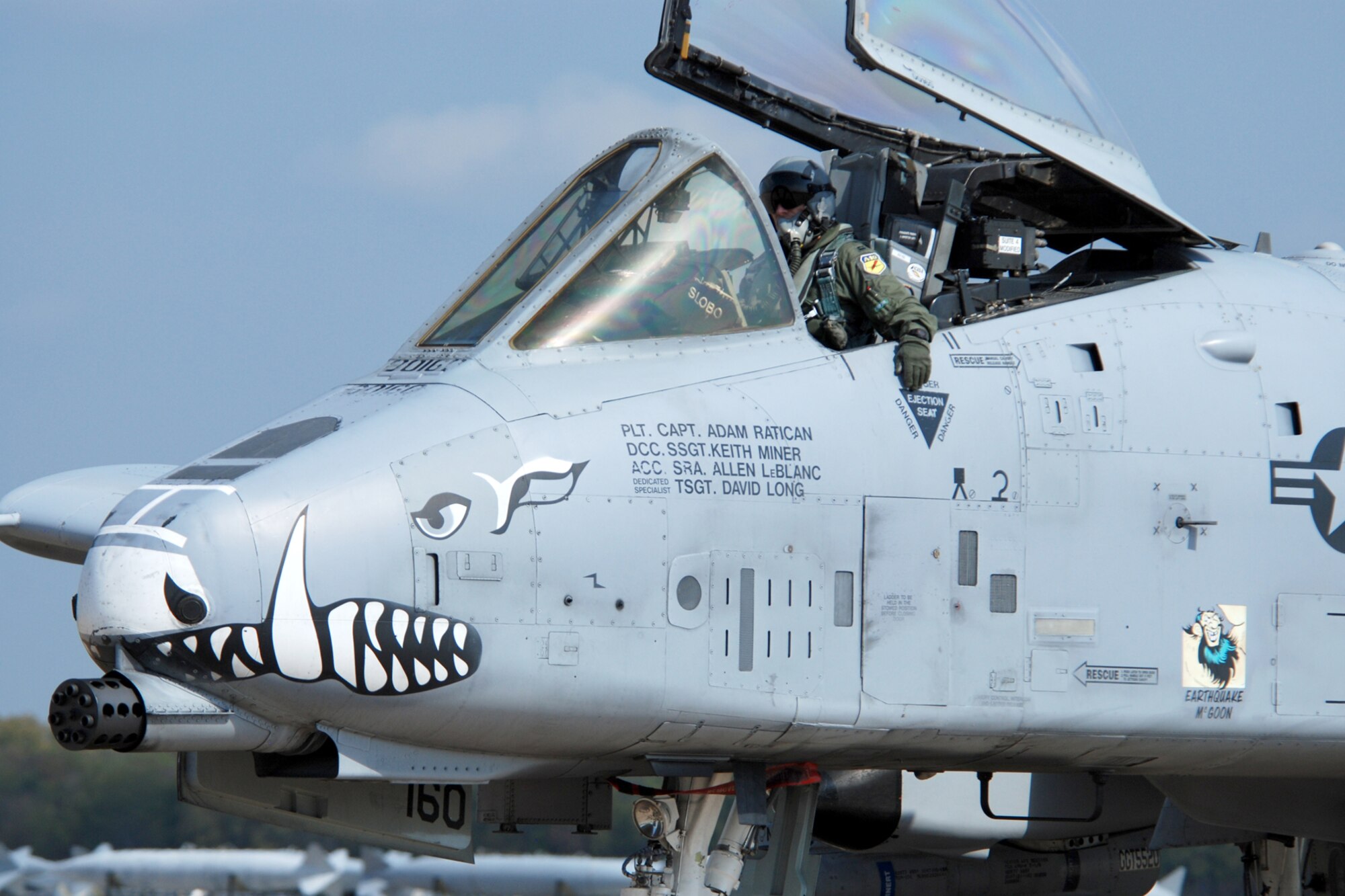 Capt. Adam Ratican, a 47th Fighter Squadron instructor pilot, taxis in his A-10 Thunderbolt II aircraft after returning from his last flight with the 47th FS squadron on Oct. 19, 2010, at Barksdale Air Force Base, La.  (U. S. Air Force Photo/Master Sgt. Greg Steele)