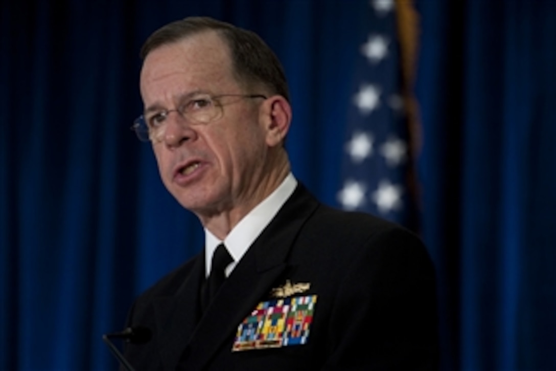 Chairman of the Joint Chiefs of Staff Adm. Mike Mullen, U.S. Navy, addresses audience members at the 60th Annual Association of the U.S. Army Meeting and Exposition at the Walter E. Washington Convention Center in Washington, D.C., on Oct. 27, 2010.  