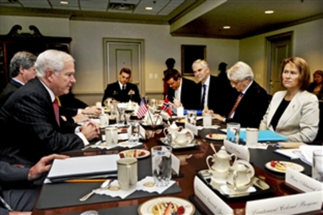 U.S. Defense Secretary Robert M. Gates, left, meets with Norwegian Defense Minister Grete Faremo, right, at the Pentagon, Oct. 27, 2010. Faremo's team includes Norway's Ambassador to the United States Wegger Strommen, second from right. The leaders were expected to discuss a range of bilateral security issues.