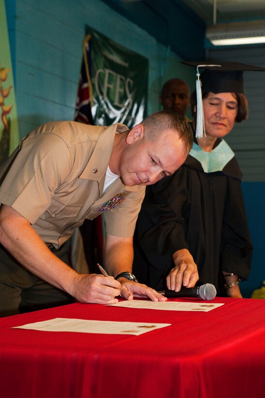 Lt. Col. Patrick R. Owens, commanding officer, Headquarters Battalion, Marine Corps Base Hawaii, signs an Adopt-A-School Program contract as Alexis Kane, principal, Puohala Elementary School, watches during an assembly at the school in Kaneohe, Hawaii, Oct. 27. The relationship between HQBN and the school affords Marines the opportunity to mentor students, and help the school with school activities and maintenance. “The partnership is good for both the community and our base,” said Owens. “It’s important for the community to know we are serving our country, and we care about them.”