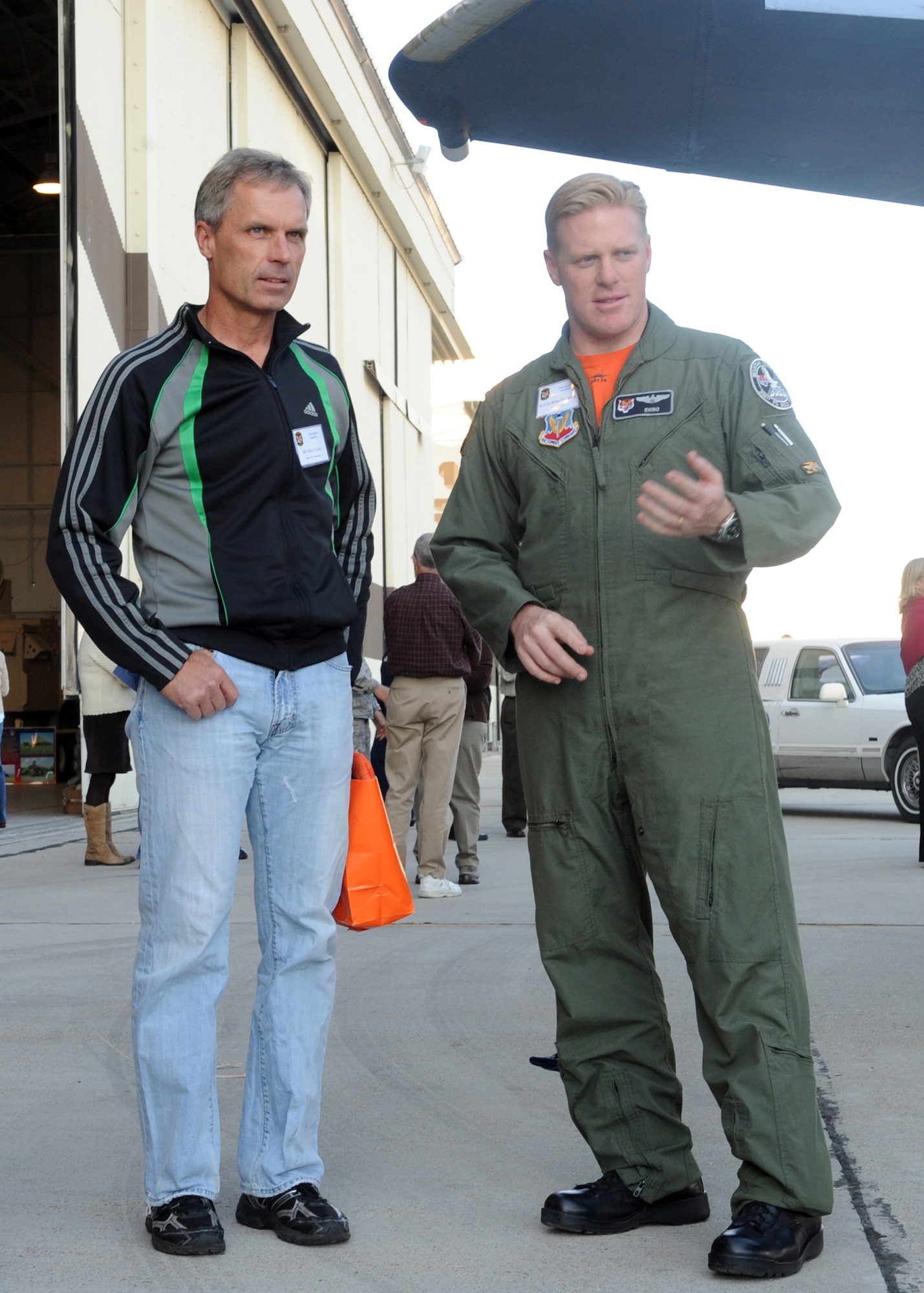 MOUNTAIN HOME AIR FORCE BASE, Idaho -- Lt. Col. Brian McCarthy, 391st Fighter Squadron commander, explains the capabilities of an F-15E Strike Eagle to Mike Cooley, 391st FS honorary commander, during the Honorary Commander Change of Command Ceremony Oct. 22 in hangar 1331. The Honorary Commander program is designed to increase the understanding of the 366th Fighter Wing and Air Force missions by pairing community leaders with the wing’s leaders to forge new relationships. (U.S. Air Force photo by Senior Airman Debbie Lockhart)