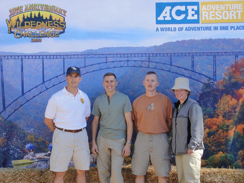 FAYETTEVILLE, W.V. – The 2010 Wilderness Challenge team ‘Mixed Bag of Nuts’ (left to right) Maj. Bryan Eckart, Maj. Bill Courtemanche, Maj. Brian Payne and Capt. Keri Walker pose for a photo during the competition. The team took 2nd place in the Air Force competition after completing a 5.1-mile mountain run, 13-mile whitewater rafting race, 11-mile mountain bike race, 14-mile mountain hike/run and a 7-mile duckie/kayak race. (Courtesy photo)