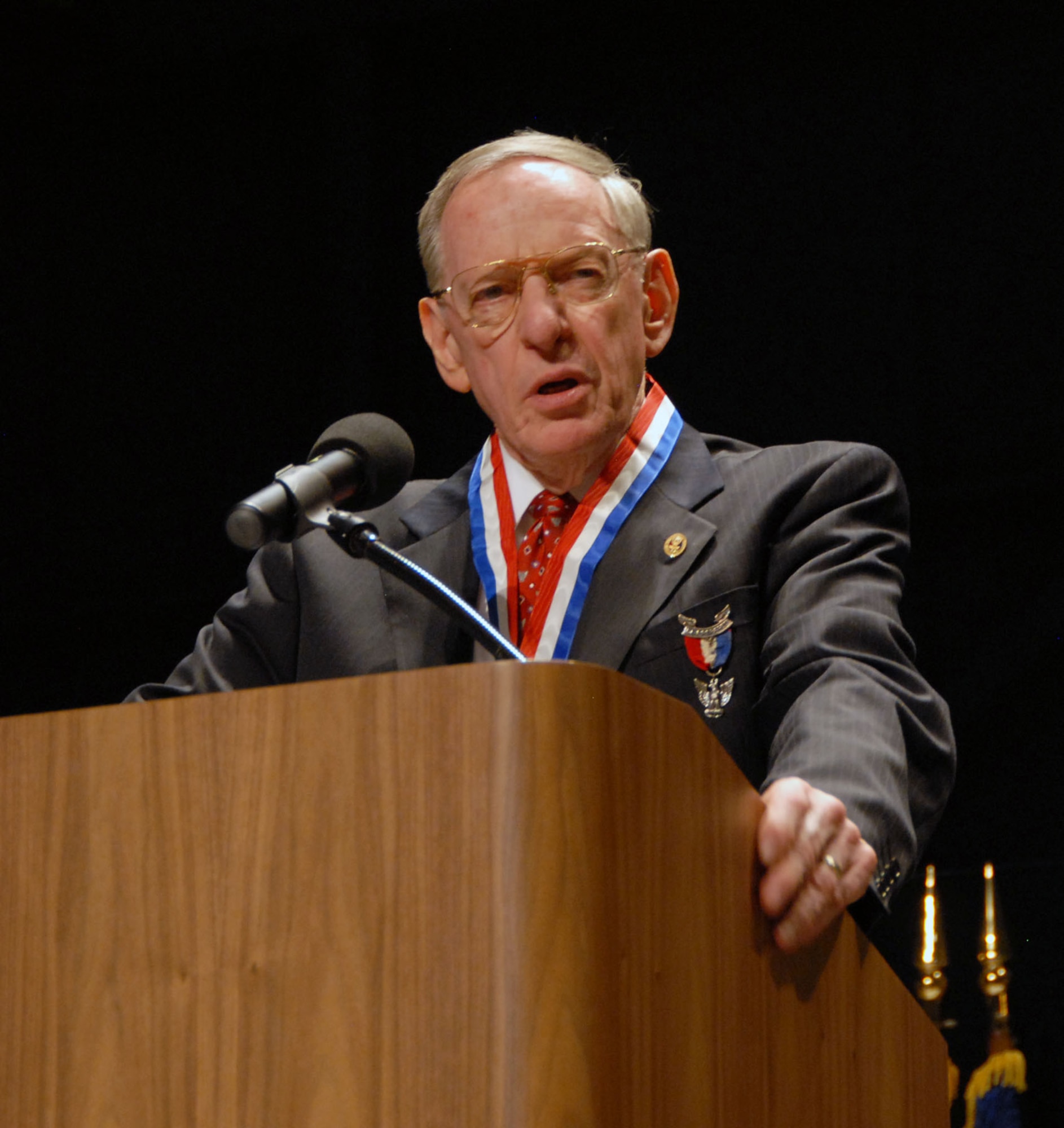 Retired Maj. Gen. Charles D. Metcalf makes remarks after receiving the Distinguished Eagle Scout Award Oct. 27, 2009, during a ceremony at the National Museum of the U.S. Air Force.  After 14 years as director of the museum, General Metcalf will be retiring Dec. 31 (U.S. Air Force photo)
