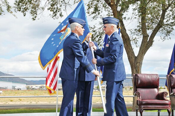 Assistant Vice Chief of Staff of the Air Force Lt. Gen. William L. Shelton gives command of the Air Force Operational Test and Evaluation Center to Maj. Gen. David J. Eichhorn.