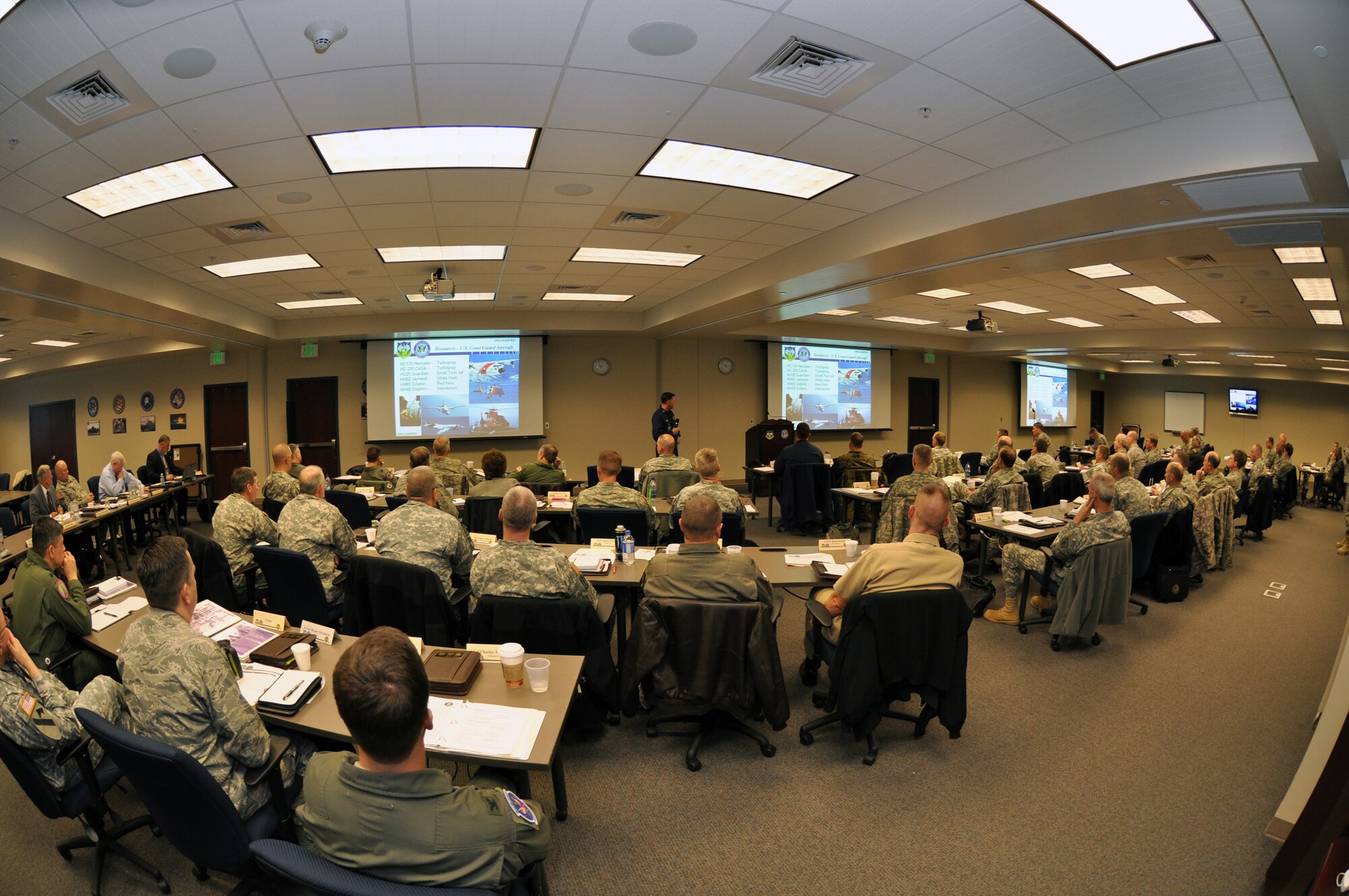 Senior Army and Air National Guard officers join officers from other components at a Joint Task Force Commander Training Course at U.S. Northern Command at Peterson Air Force Base in Colorado Springs on Jan. 28, 2009. The National Guard makes a significant contribution to NORTHCOM's whole-of-government approach to homeland defense, Army Lt. Gen. Frank Grass, the combatant command's new deputy commander, said Oct. 26, 2010. (U.S. Army photo/Staff Sgt. Jim Greenhill) 