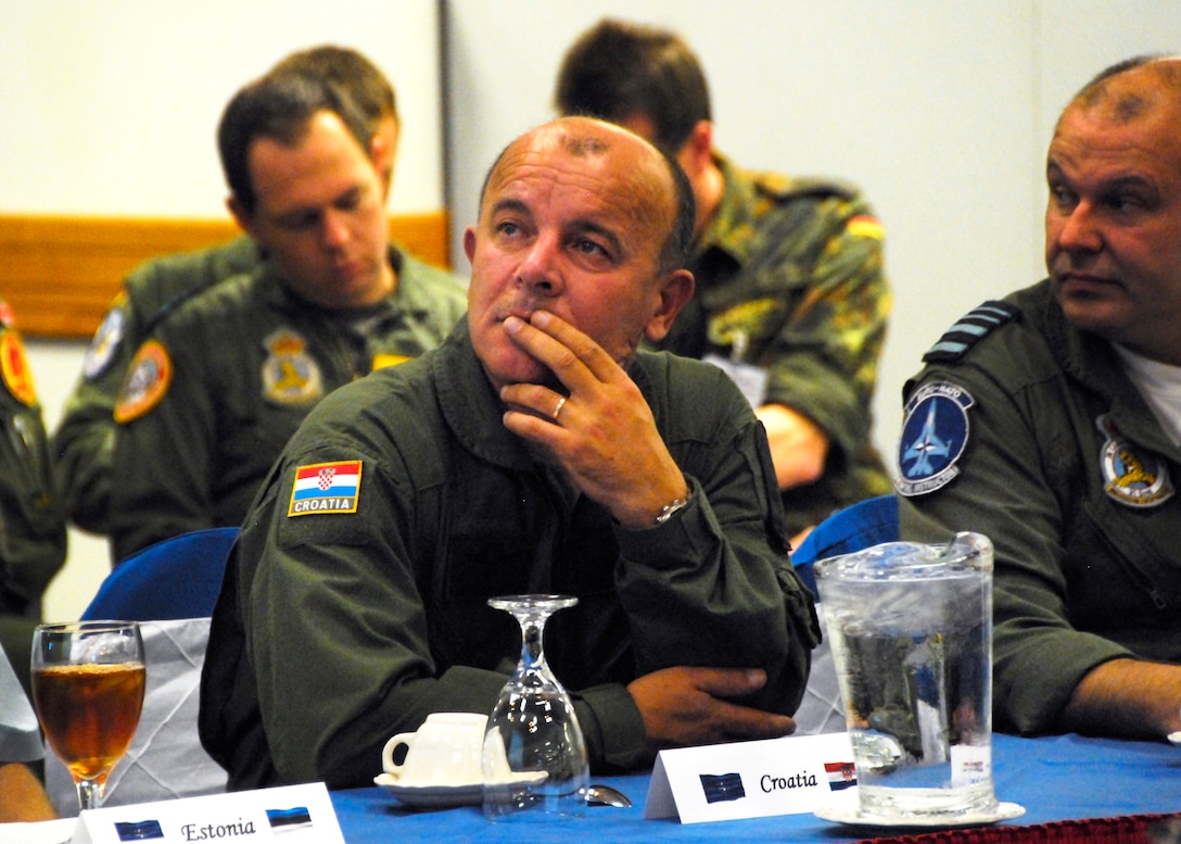 Croatian Maj. Gen. Vlado Bagaric, commander of the Croatian air force and air defense, listens to a mission brief on the 80th Flying Training Wing's Euro-NATO Joint Jet Pilot Training Program Oct. 21 at the Sheppard Club. The general and colleagues from other NATO air forces visited the base to see how ENJJPT trains combat pilots. (U.S. Air Force photo/Harry Tonemah)