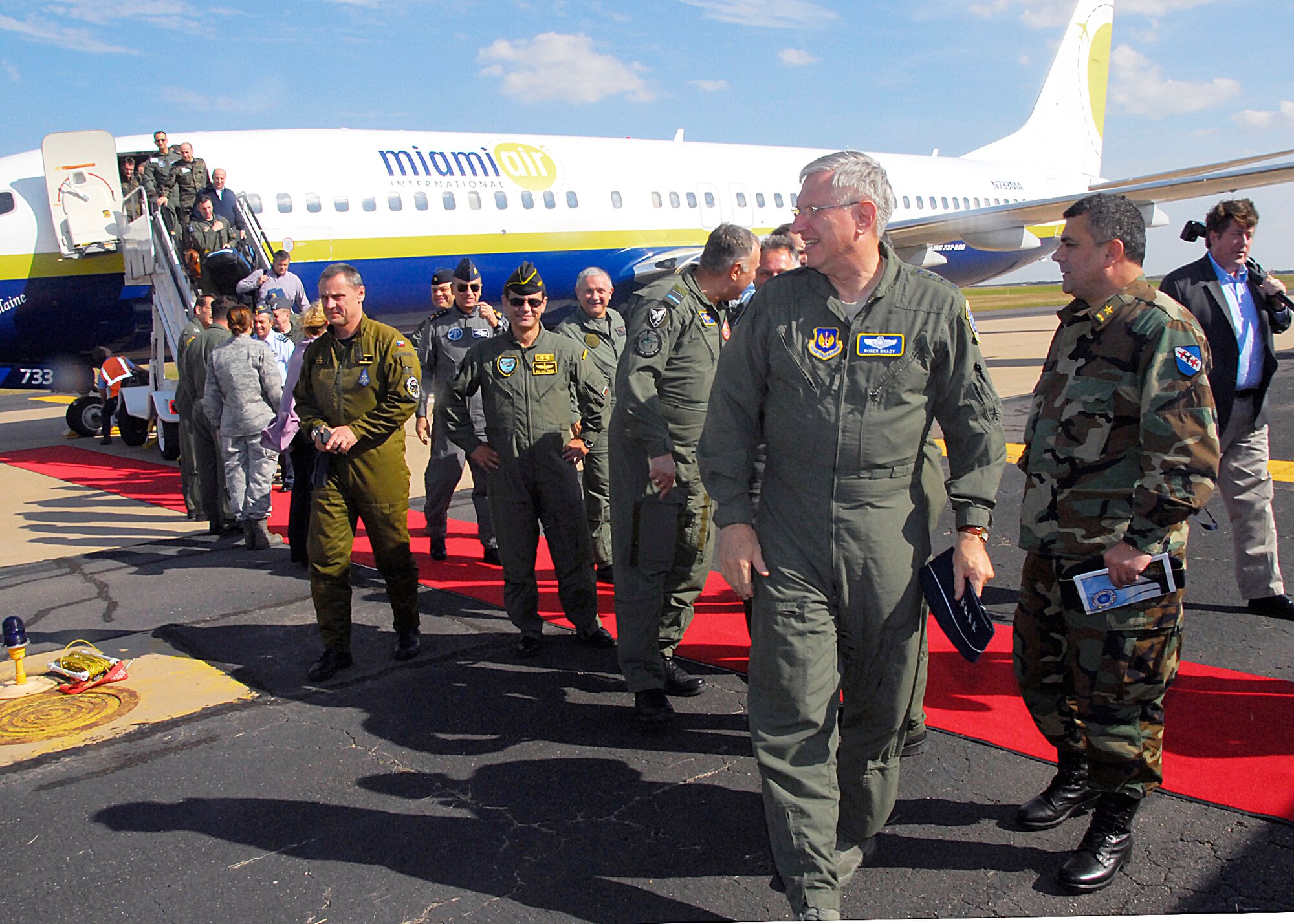 NATO Air Chiefs, led by U.S. Air Forces Europe Commander Gen. Roger Brady, front, depart an aircraft Oct. 21 at the 80th Flying Training Wing. General Brady and the Air Chiefs of various NATO air forces visited Sheppard Air Force Base, Texas, to take a look at the different equipment, such as aircraft and flight simulators, used to train combat pilots for the alliance. (U.S. Air Force photo/Harry Tonemah)