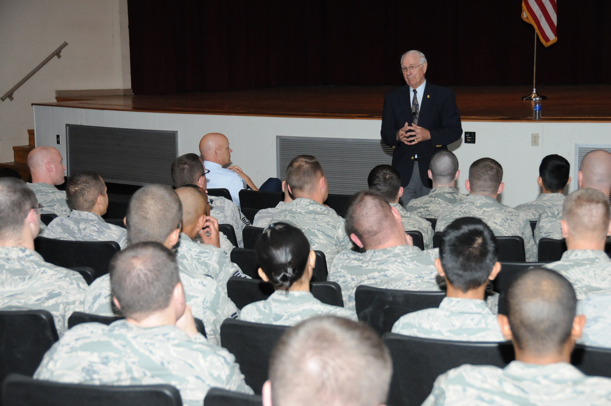 Sam Parish, the eighth Chief Master Sergeant of the Air Force, speaks at an enlisted call Oct. 19 atWelch Auditorium. Chief Parish, who retired in 1986, served in the Air Force’s top noncommissioned officer position for nearly three years. While at Keesler, he was the guest speaker for the Mathies NCOAcademy graduation and met with several base organizations and classes.  (U.S. Air Force photo by Kemberly Groue)