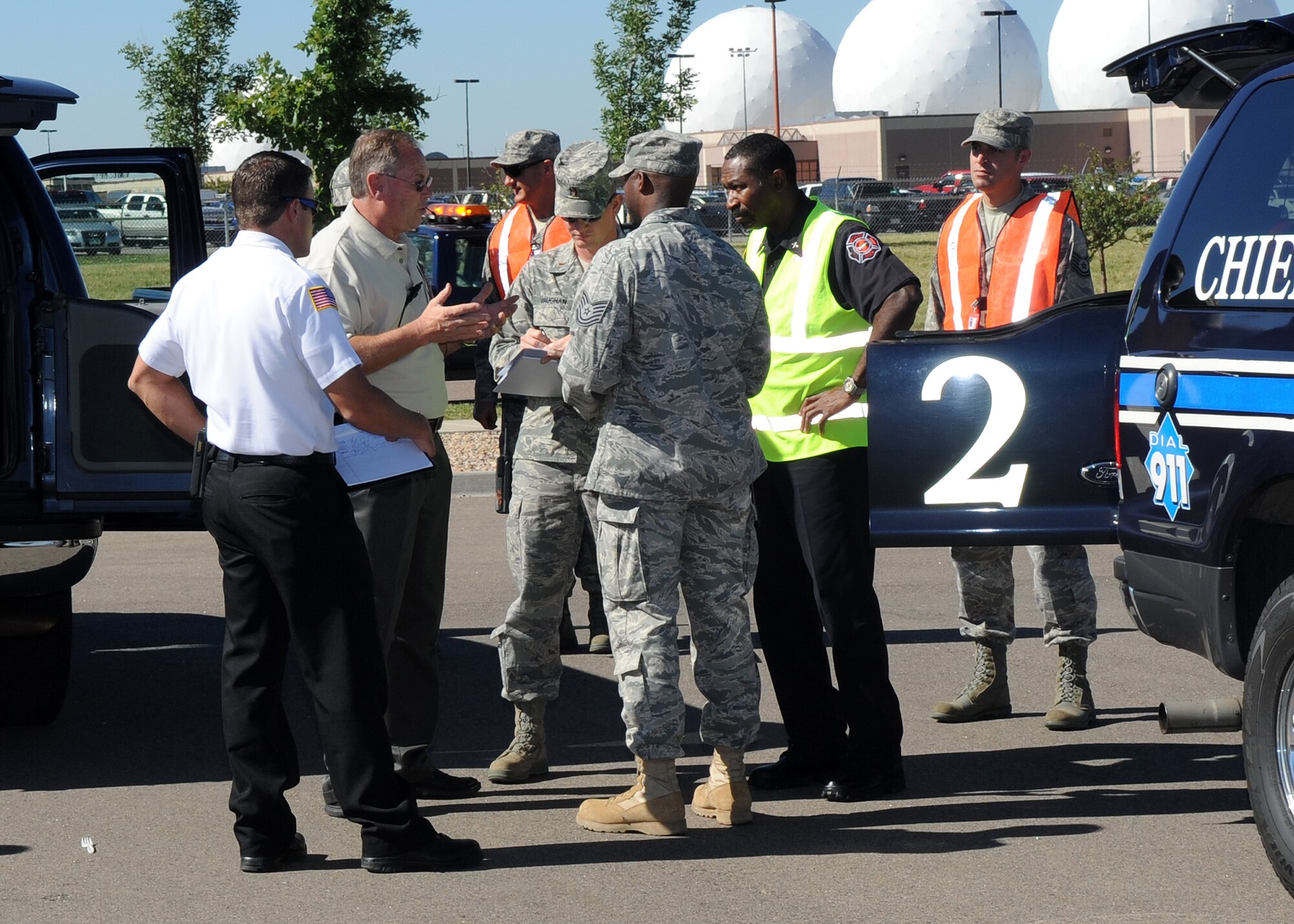 Buckley Air Force Base, Colo.-  During the recent cyber lightning base exercise, Team Buckley was being tested on the use of land mobile radio usage.  ( U.S. Air Force Photo by Airman First Class Marcy Glass )