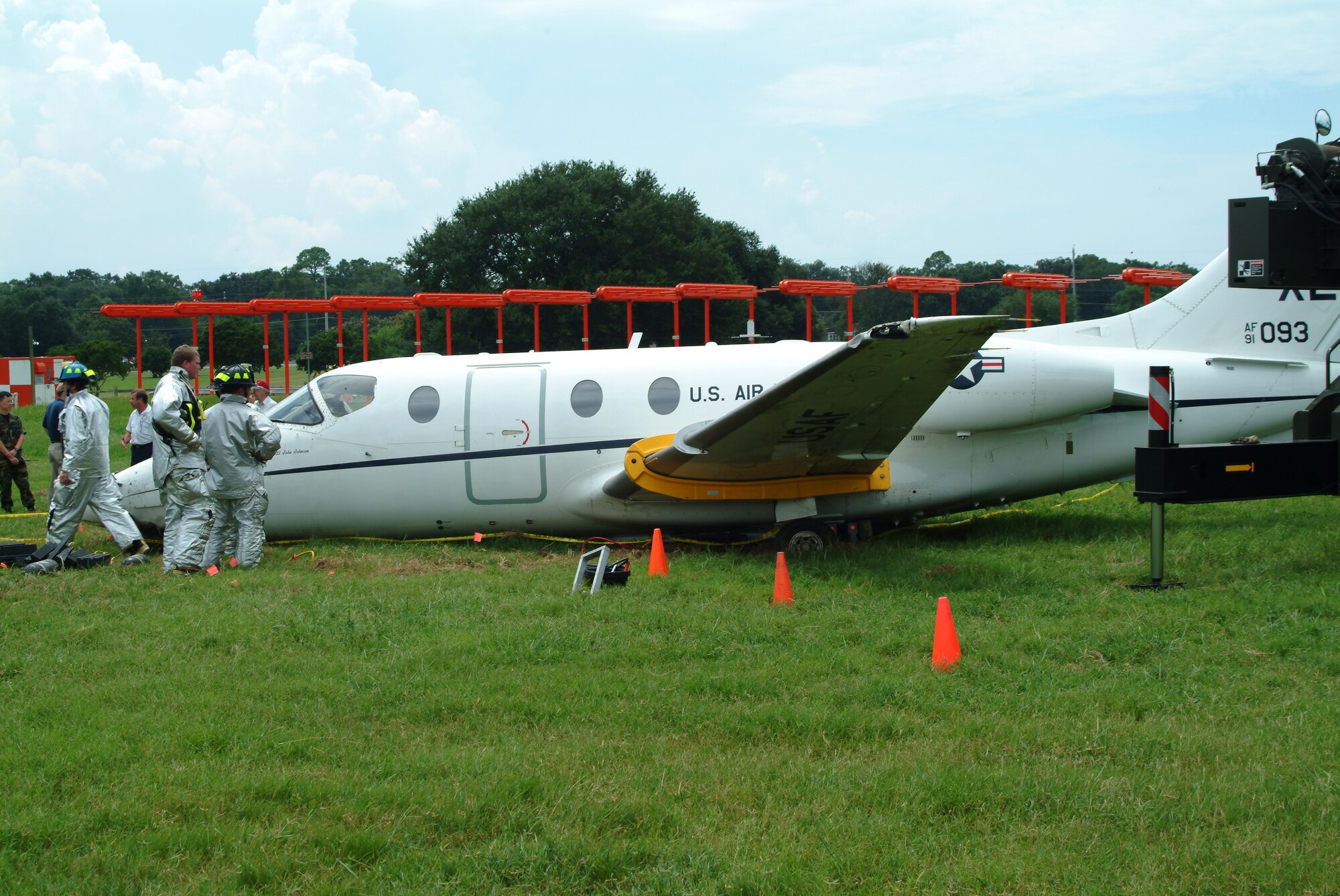 A T-1 Jayhawk skidded off the runway near the Bay Breeze Golf Course, Aug. 20, 2003.  (U.S. Air Force photo by Howard Parker)