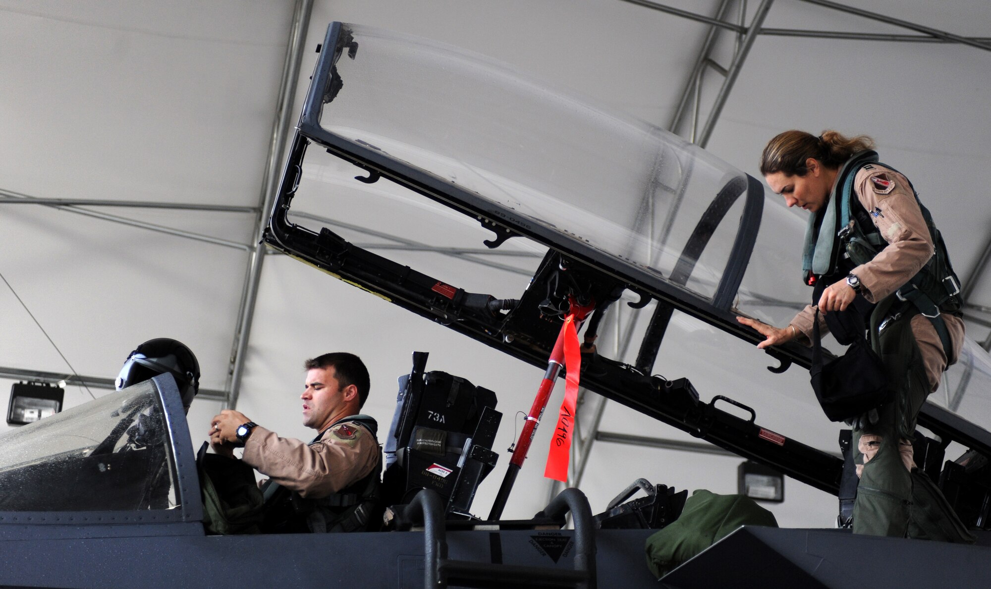 SEYMOUR JOHNSON AIR FORCE BASE, N.C. -- During this week's operational readiness inspection, pilots from the 336th Fighter Squadron prepare their jet for flight here, Oct. 26, 2010. During the inspection units were graded on how quickly and safely they prepared Airmen for short notice deployments. (U.S. Air Force photo/Senior Airman Makenzie Lang)(RELEASED)