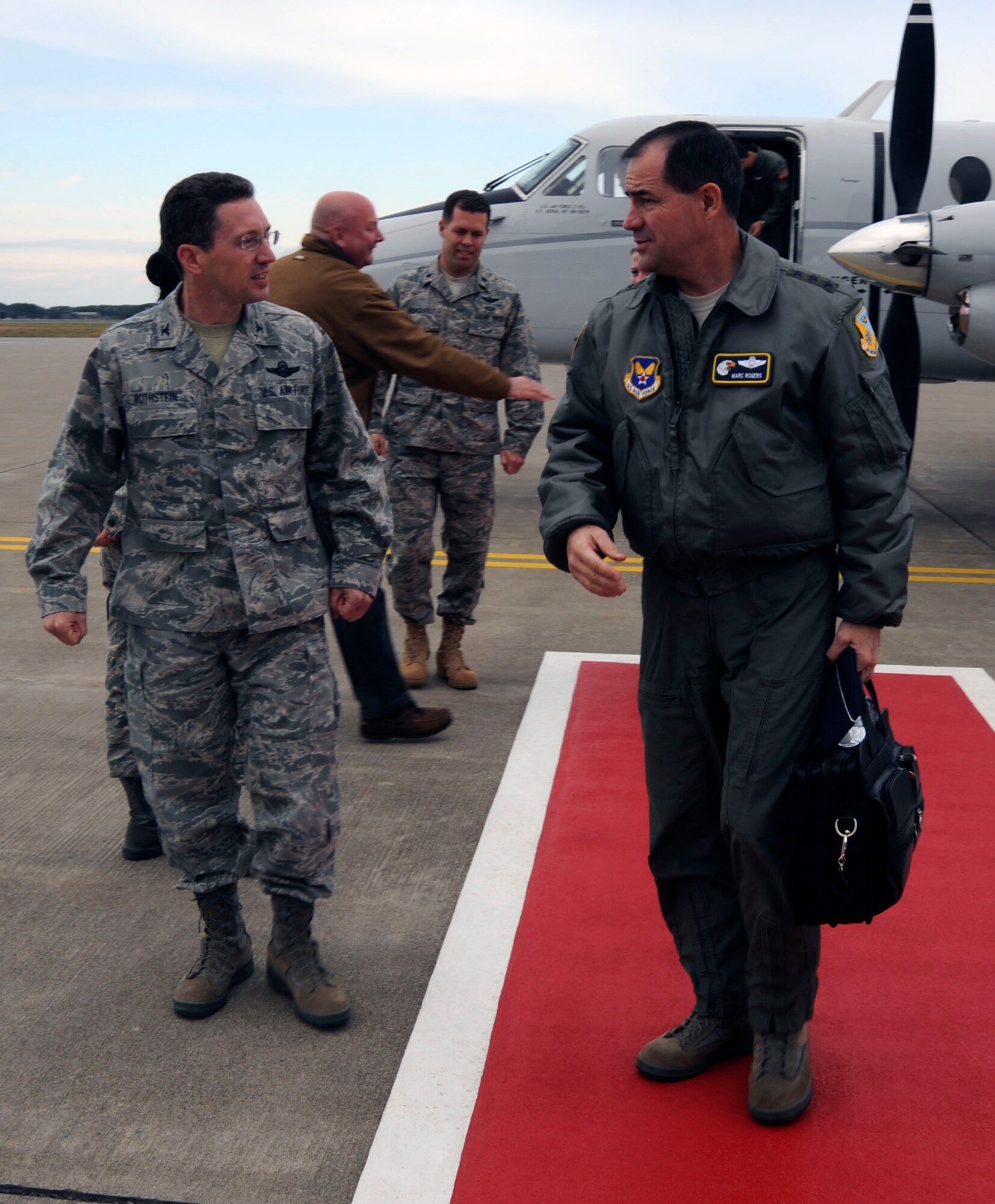 Lt. Gen. Marc Rogers, Inspector General of the Air Force, Office of the Secretary of the Air Force, Washington, D.C., meets with Col. Michael Rothstein, 35th Fighter Wing commander, shortly after arriving at Misawa Air Base, Japan, Oct 28, 2010. The general visited Misawa as part of a PACAF tour to hear Airmen's views on force-related issues. (U.S. Air Force photo by Tech. Sgt. Russell McBride/Released)