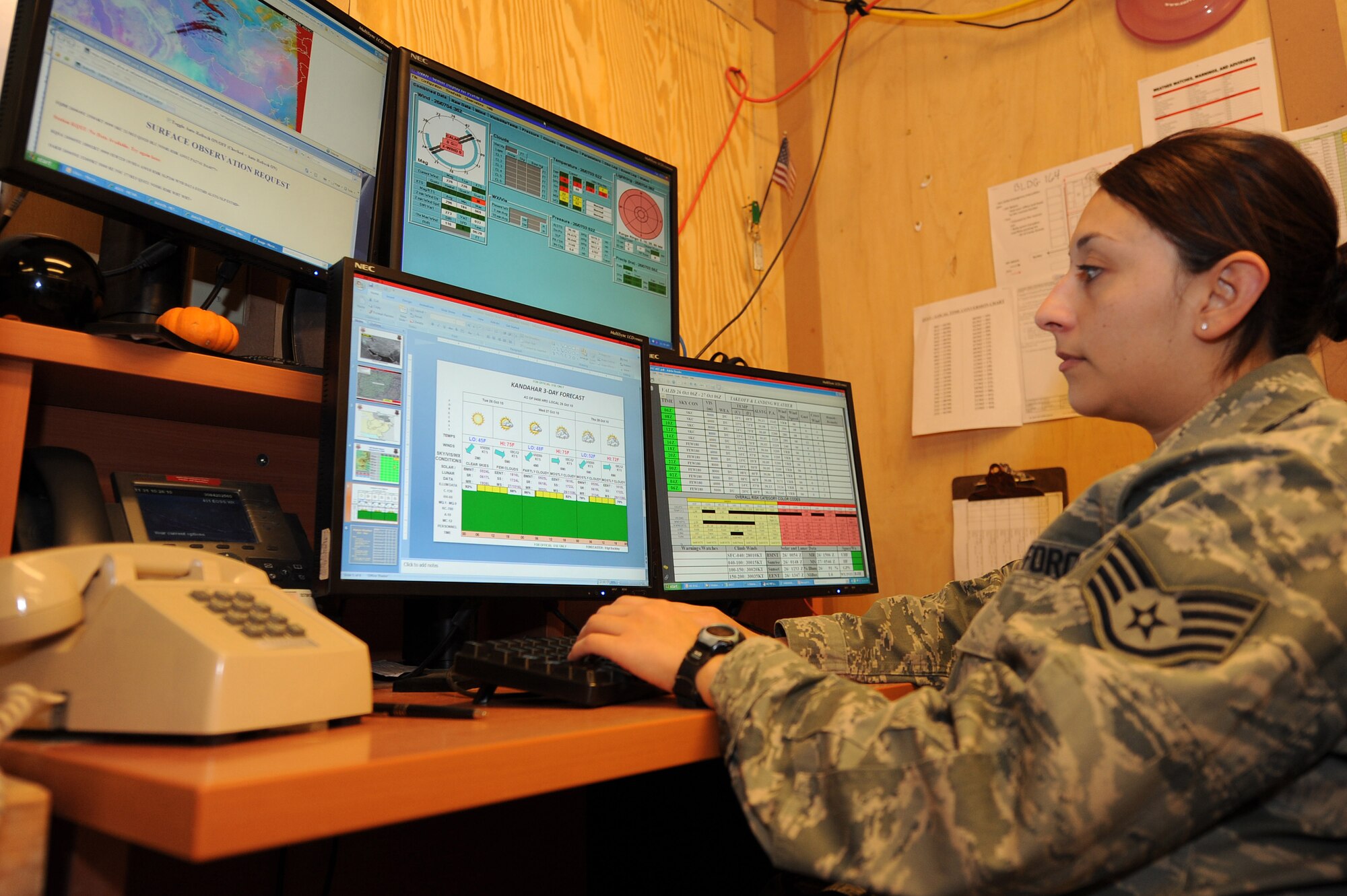 Staff Sgt. Guadalupe Buckley reviews weather charts and observations Oct. 26, 2010, at Kandahar Airfield, Afghanistan. Sergeant Buckley, from Salinas, Calif., is a weather forecaster for the 451st Expeditionary Operations Support Squadron Weather Flight, where daily weather forecasts support the flying missions across Afghanistan.   (U.S. Air Force photo by Tech. Sgt. Chad Chisholm/Released)