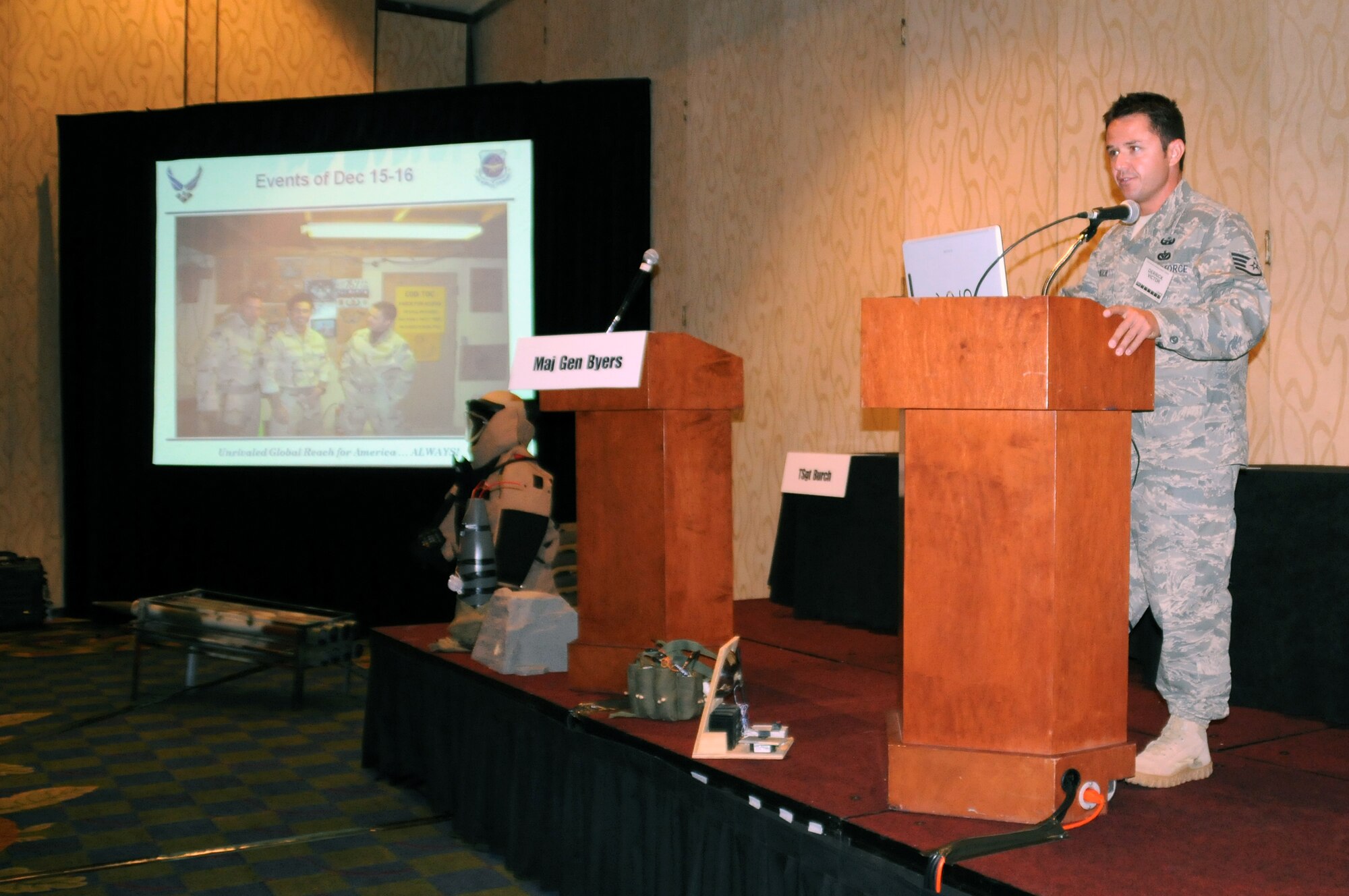 Staff Sgt. Derrick Victor, 19th Mission Support Group Explosive Ordnance Disposal Flight NCO-in-charge of supply and munitions, talks about his experiences involving hazardous ordnance items and dangerous situations Oct. 29 during the Airlift Tanker Association Convention and Symposium in Orlando, Fla.  Sergeant Victor was picked along with two other Air Force EOD members to share their stories of deployments to Iraq and Afghanistan. (U.S. Air Force photo by Staff Sgt. Chris Willis)