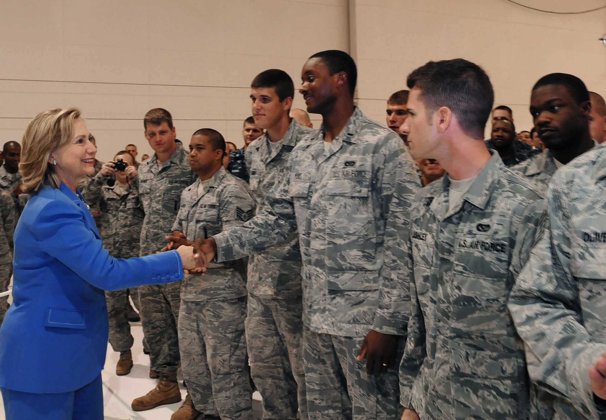 Secretary of State Hillary Clinton shakes hands with servicemembers Oct. 29, 2010, at Andersen Air Force Base, Guam. Secretary Clinton visited the base as part of her trip to the Asia-Pacific region. (U.S. Air Force photo/Senior Airman Nichelle Anderson) 