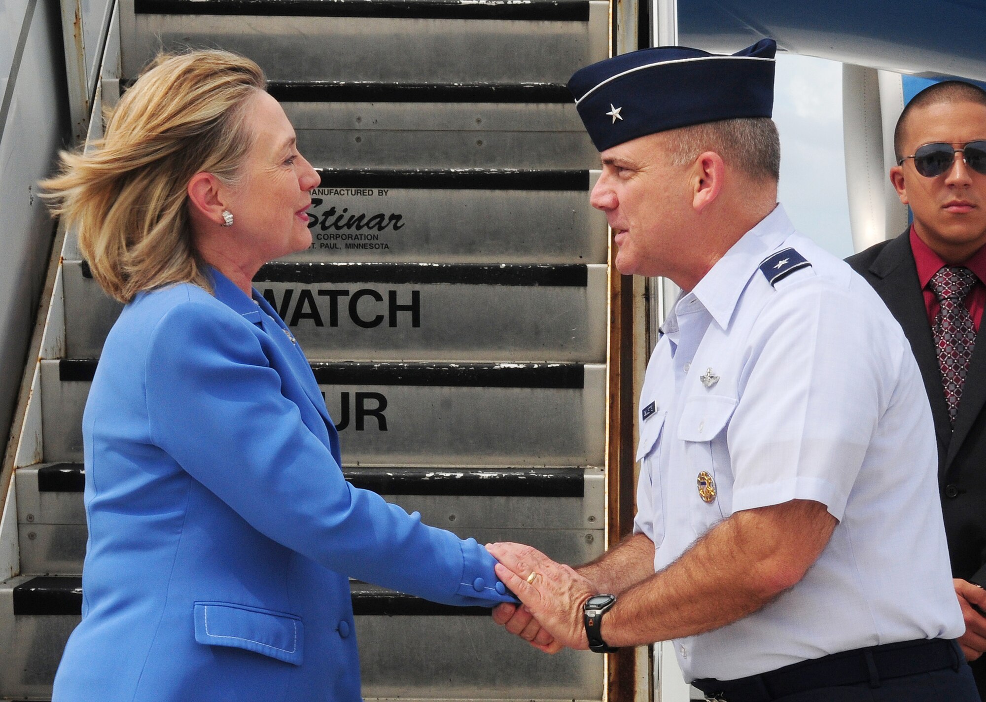 Secretary of State Hillary Clinton greets Brig. Gen. John W. Doucette Oct. 29, 2010, after her arrival to Andersen Air Force Base, Guam. Secretary Clinton reaffirmed Guam's importance to the nation, and her gratitude to servicemembers for their dedication and sacrifice. General Doucette is the 36th Wing commander. (U.S. Air Force photo/Senior Airman Nichelle Anderson) 