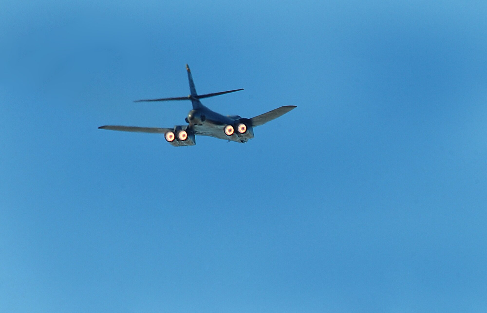 ELLSWORTH AIR FORCE BASE, S.D. -- A B-1B Lancer, with the 37th Bomb Squadron, flies over during a joint-nation training mission with Canadian joint terminal attack controllers in Alzada, MT, Oct. 28.  Carrying the largest payload of both guided and unguided weapons in the Air Force inventory, the multi-mission B-1 is the backbone of America's long-range bomber force. (U.S. Air Force photo/Airman 1st Class Anthony Sanchelli)

