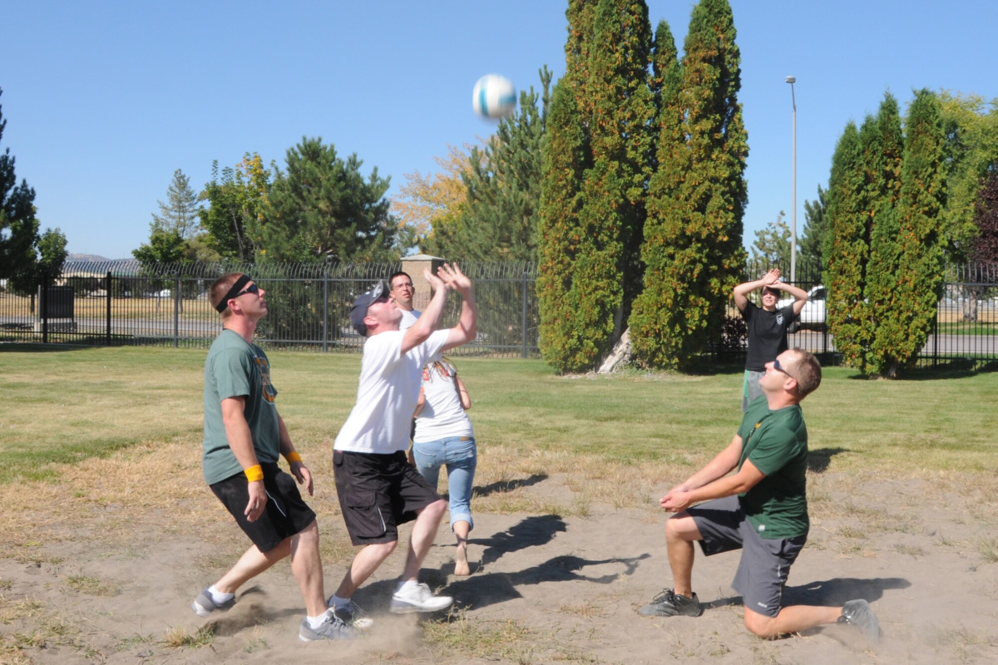 Members and 173rd Fighter Wing play a game of volleyball during the Wing End of Year celebration at Kingsley Field, Ore. Oct. 1, 2010.  (RELEASED, U.S. Air Force Photo by Tech. Sgt. Jefferson Thompson)