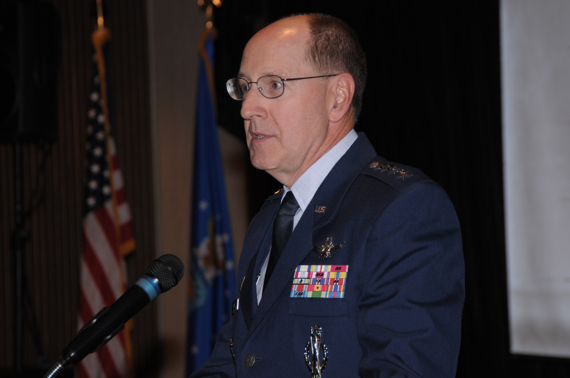 Gen. C. Robert Kehler addresses the Air Force Institute of Technology inaugural Cyber 200 and 300 graduating classes at Wright-Patterson Air Force Base, Ohio, on Oct. 28, 2010. General Kehler is commander of Air Force Space Command at Peterson Air Force Base, Colorado. (U.S. Air Force photo/Al Bright).