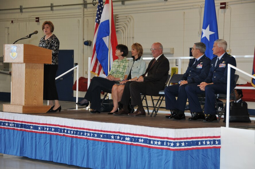 Deputy Under Secretary of the Air Force for International Affairs Heidi Grant addresses Tucson community leaders and representatives of the Royal Netherlands Air Force and the Arizona Air National Guard during a welcome ceremony on base. (U.S. Air Force photo/Master Sgt. Dave Neve)