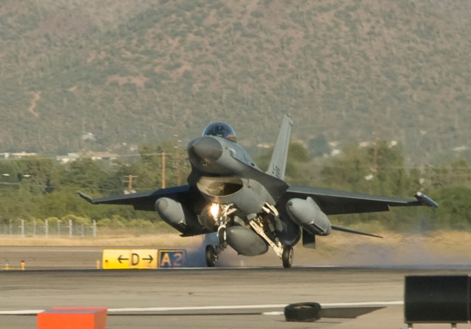 A Royal Netherlands Air Force F-16 Fighting Falcon lands at Tucson International Airport Oct. 29. The first two of 14 Dutch F-16s arrived today to support pilot training with the Arizona Air National Guard’s 162nd Fighter Wing. (U.S. Air Force photo/Master Sgt. Dave Neve)