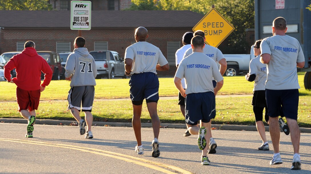 LANGLEY AIR FORCE BASE, Va. – Langley Air Force Base first sergeants participate on their annual Operation Warmheart 5K run Oct. 22. This year’s Warmheart run raised $2,590 to assist Airmen in need during the Thanksgiving holiday and also collected 440 lbs. of food donations to be donated to the local food bank.  (U.S. Air Force Photo/Staff Sgt. Christina M. Styer) (RELEASED)