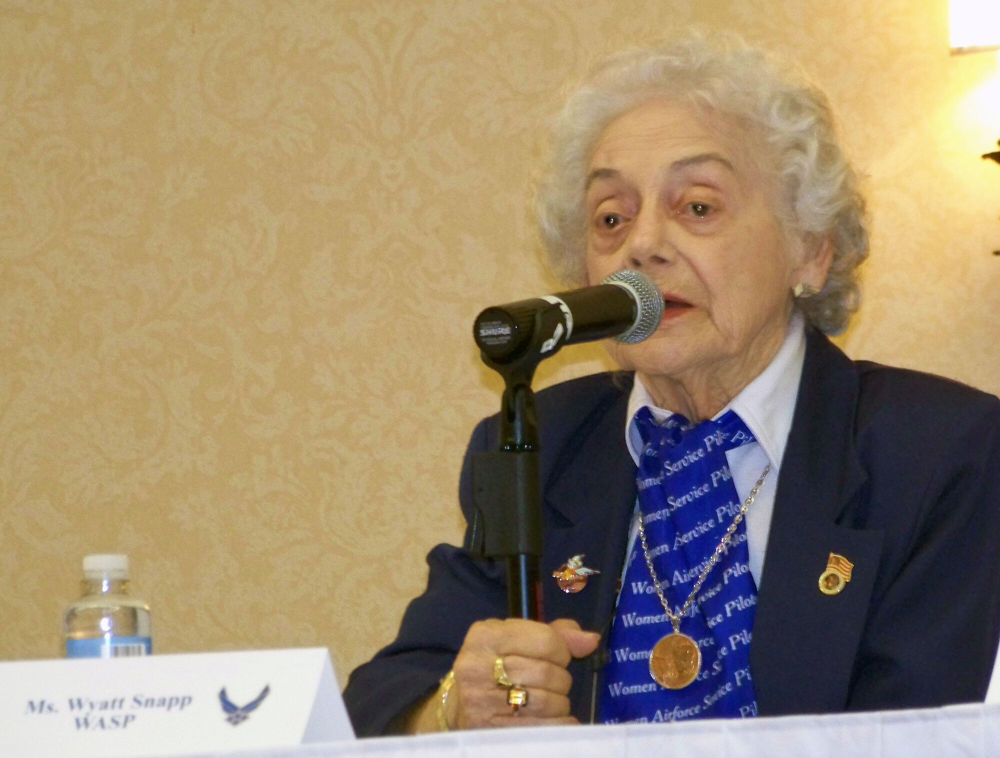 Women Airforce Service Pilot Helen Wyatt Snapp spoke about her experiences to nearly 350 reservists who attended the Air Force Reserve Command's Human Resource Development Council Conference Oct. 25-27. During World War II, more than 25,000 women applied to be a part of WASP program and fewer than 1,900 were selected to fly American military aircraft. (U.S. Air Force photo by Capt. Marnee A.C. Losurdo/released)