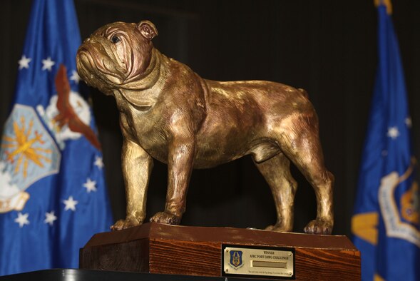 The official start of the Air Force Reserve Command Port Dawg Challenge began  with an opening ceremony and the unveling of the overall winners trophy here Oct 25. The trophy was created by Master Sgt. Jason Cook, project officer of the event. (U.S. Air Force photo/Don Peek)