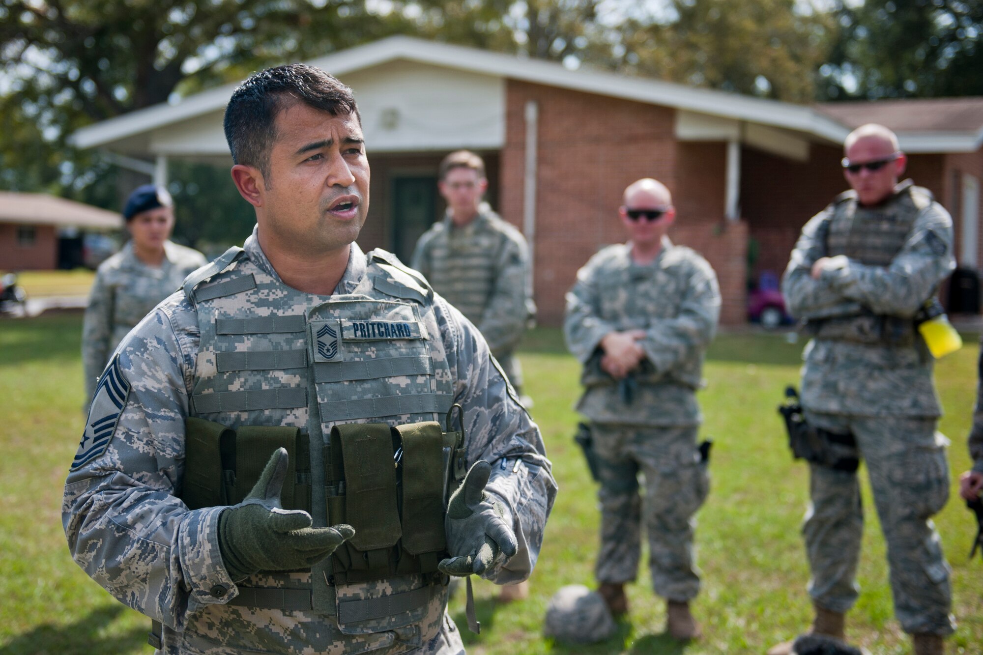 MOODY AIR FORCE BASE, Ga. -- Chief Master Sgt. Joseph Pritchard, 23rd Security Forces Squadron security forces manager, explains training objectives in preparation for active shooter training Oct. 28. The training was geared toward sharpening the quick-response actions needed to eliminate threats and save lives during an active shooter incident. More than 30 defenders from the 23rd SFS and 820th Base Defense Group participated in the training. (U.S. Air Force photo/Senior Airman Jamal D. Sutter)(RELEASED)