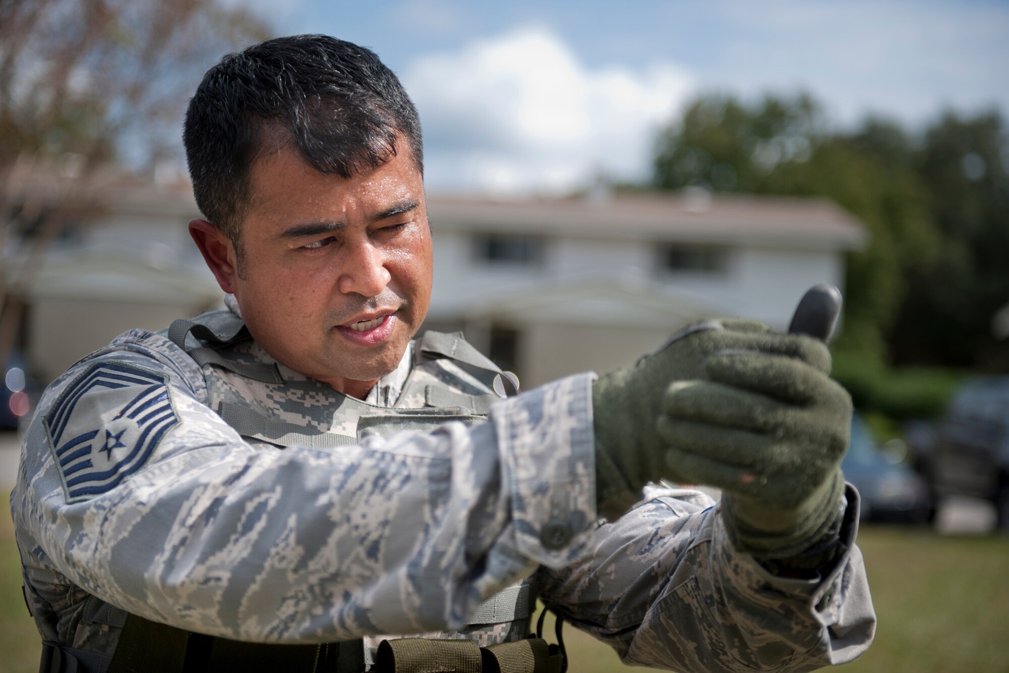 MOODY AIR FORCE BASE, Ga. -- Chief Master Sgt. Joseph Pritchard, 23rd Security Forces Squadron security forces manager, demonstrates a proper shooting platform during active shooter training Oct. 28. After an hour-long academics portion of the training, 23rd SFS and 820th Base Defense Group defenders played out scenarios portraying various situations that may be present during an active shooter incident. (U.S. Air Force photo/Senior Airman Jamal D. Sutter)(RELEASED)