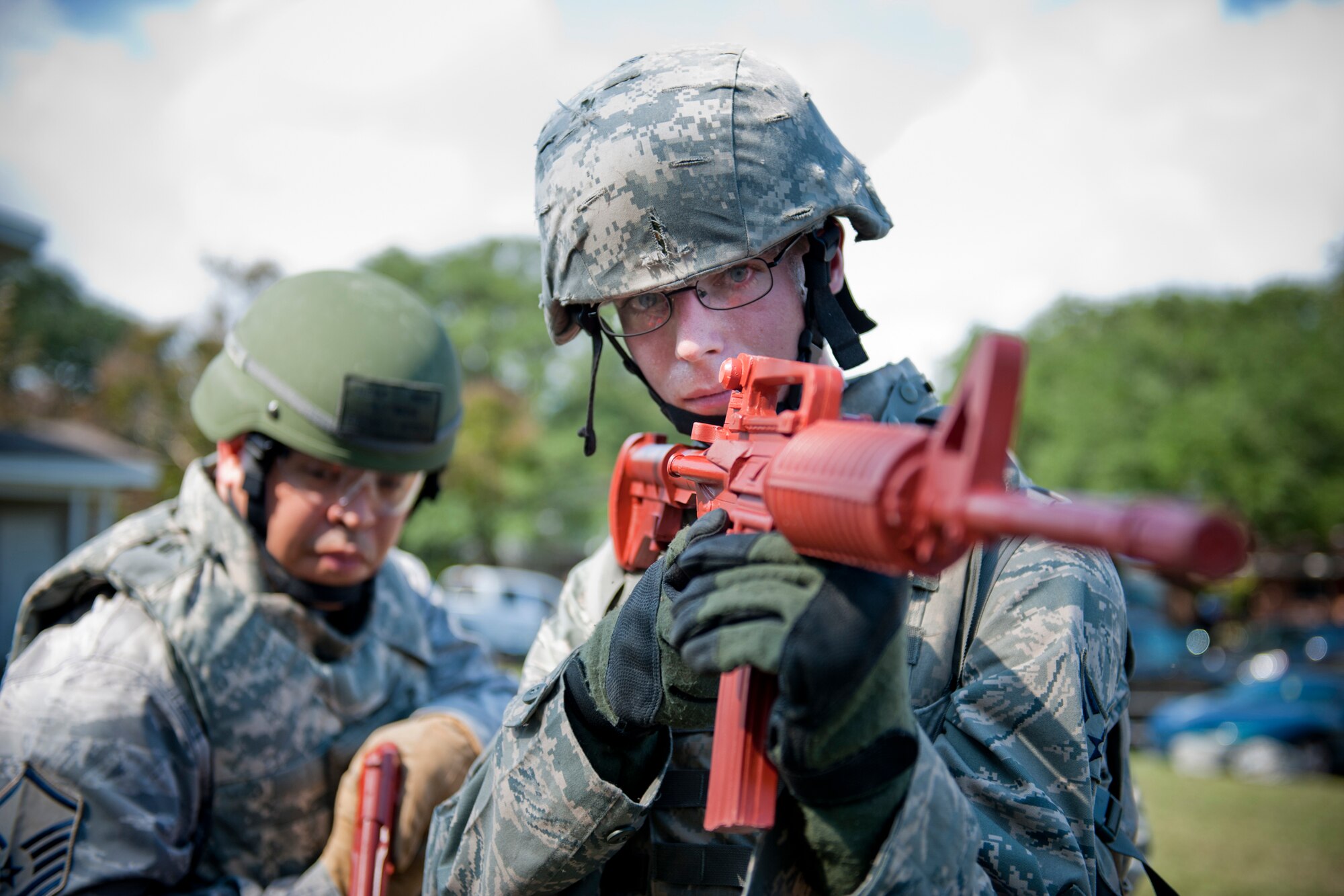 MOODY AIR FORCE BASE, Ga. -- Senior Airmen Kyle Vail, 822nd Base Defense Squadron patrolman, maintains a shooting platform during active shooter training Oct. 28. More than 30 defenders from the 23rd SFS and 820th Base Defense Group participated in the training. The training was broken into two sessions with one in the morning and another in the afternoon. (U.S. Air Force photo/Senior Airman Jamal D. Sutter)(RELEASED)