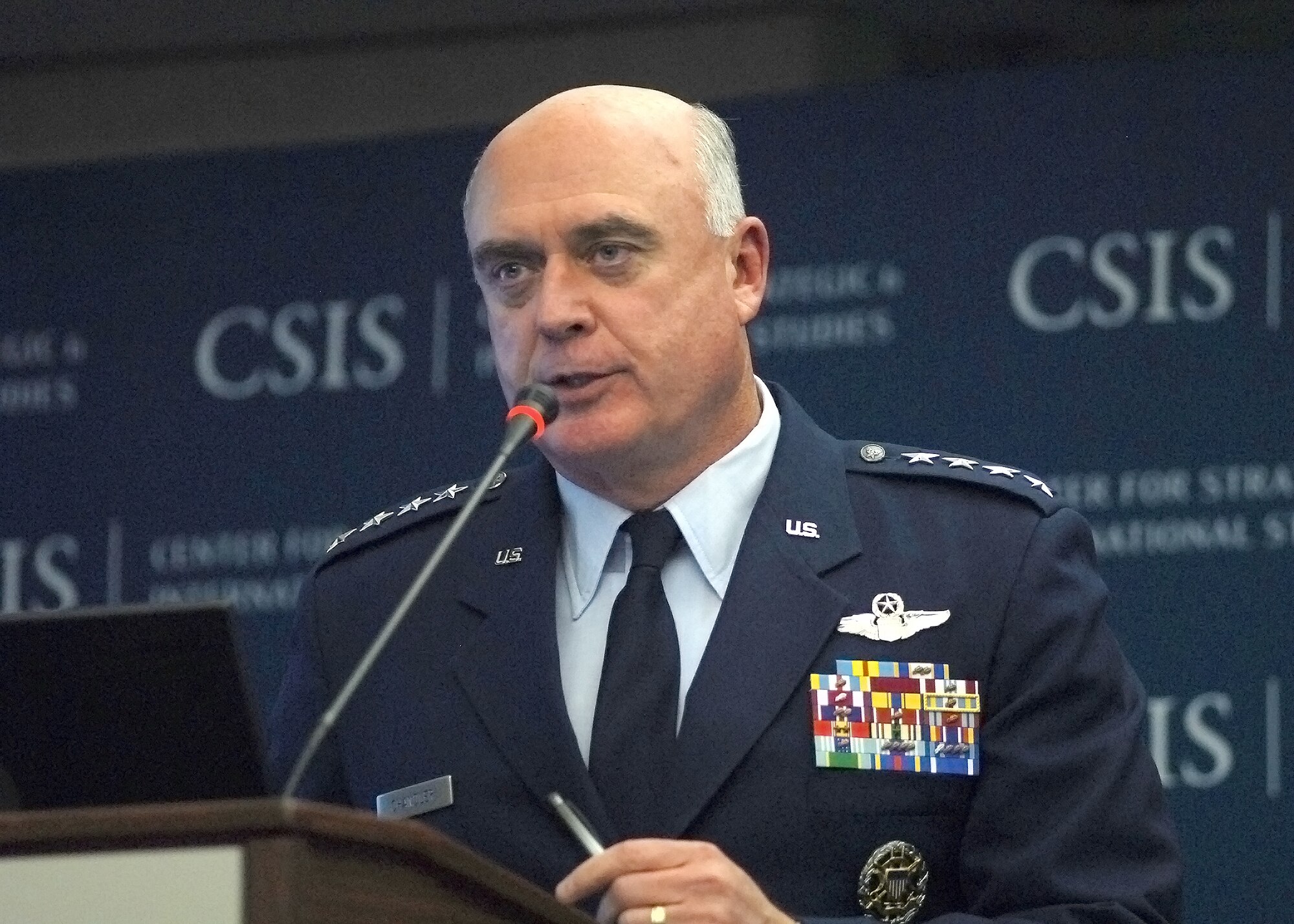 Air Force Vice Chief of Staff Gen. Carrol H. "Howie" Chandler answers questions Oct. 28, 2010, during a military strategy forum at the Center for Strategic and International Studies in Washington, D.C. General Chandler spoke about the Air Force's approach to the Defense Department's savings and efficiencies initiative. (U.S. Air Force photo/Master Sgt. Raheem Moore)