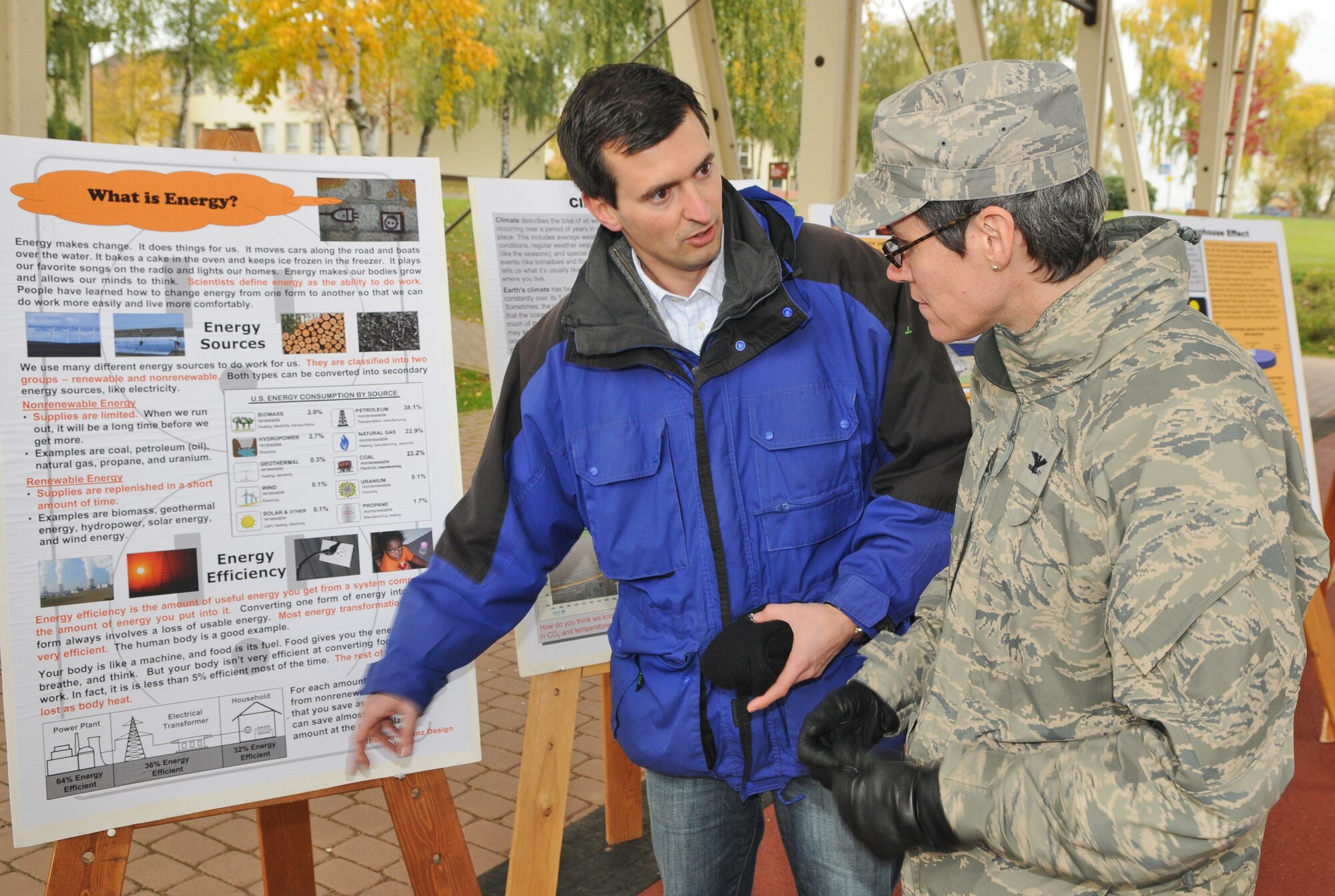 SPANGDAHLEM AIR BASE, Germany – Christian Turner, 52nd Civil Engineer Squadron pollution prevention program manager, speaks to Col. Jodine Tooke, 52nd Mission Support Group commander, about energy conservation during an Energy Awareness Month event Oct. 28 (U.S. Air Force photo/Senior Airman Nick Wilson)

