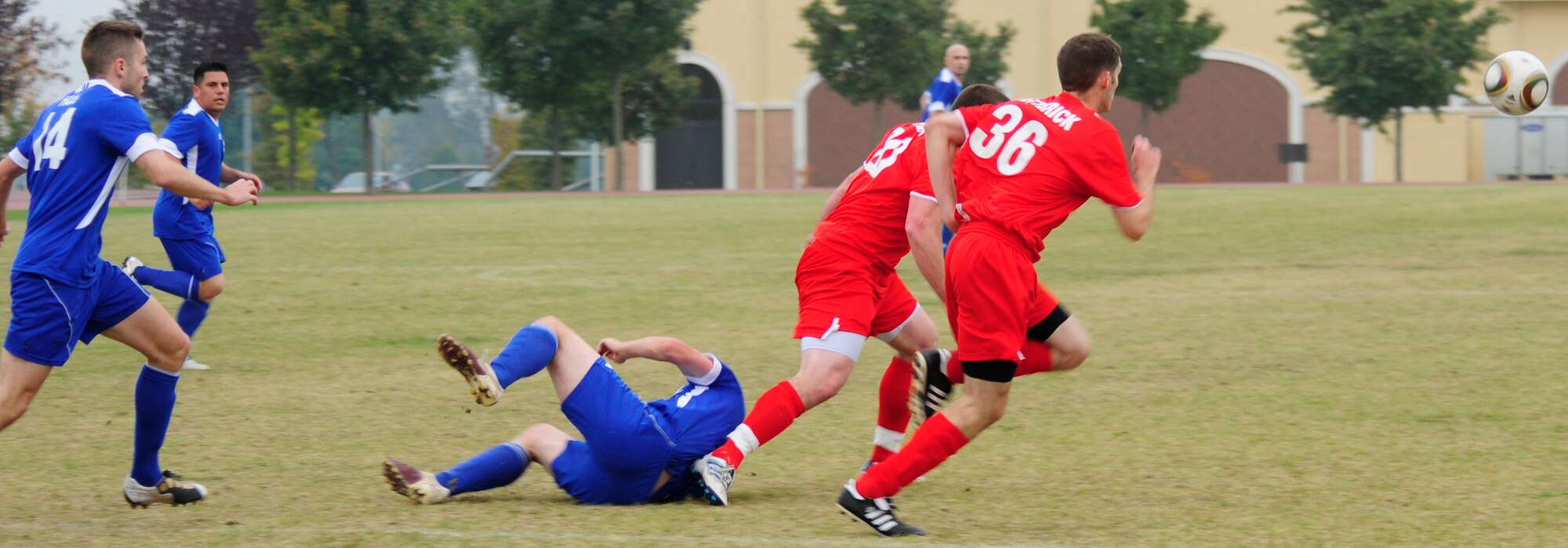 Sean Ketterick, number 36, Aviano Dragons, chases after the ball during the championship game of the U.S. Armed Forces Europe Soccer tournament Oct. 24 at the Dragon Fitness Center field. There were 24 games during the four-day championship, culminating in a final game between RAF Lakenheath and Aviano, Aviano emerging the victor, 2-1. (U.S. Air Force photo by Airman 1st Class Katherine Windish)
