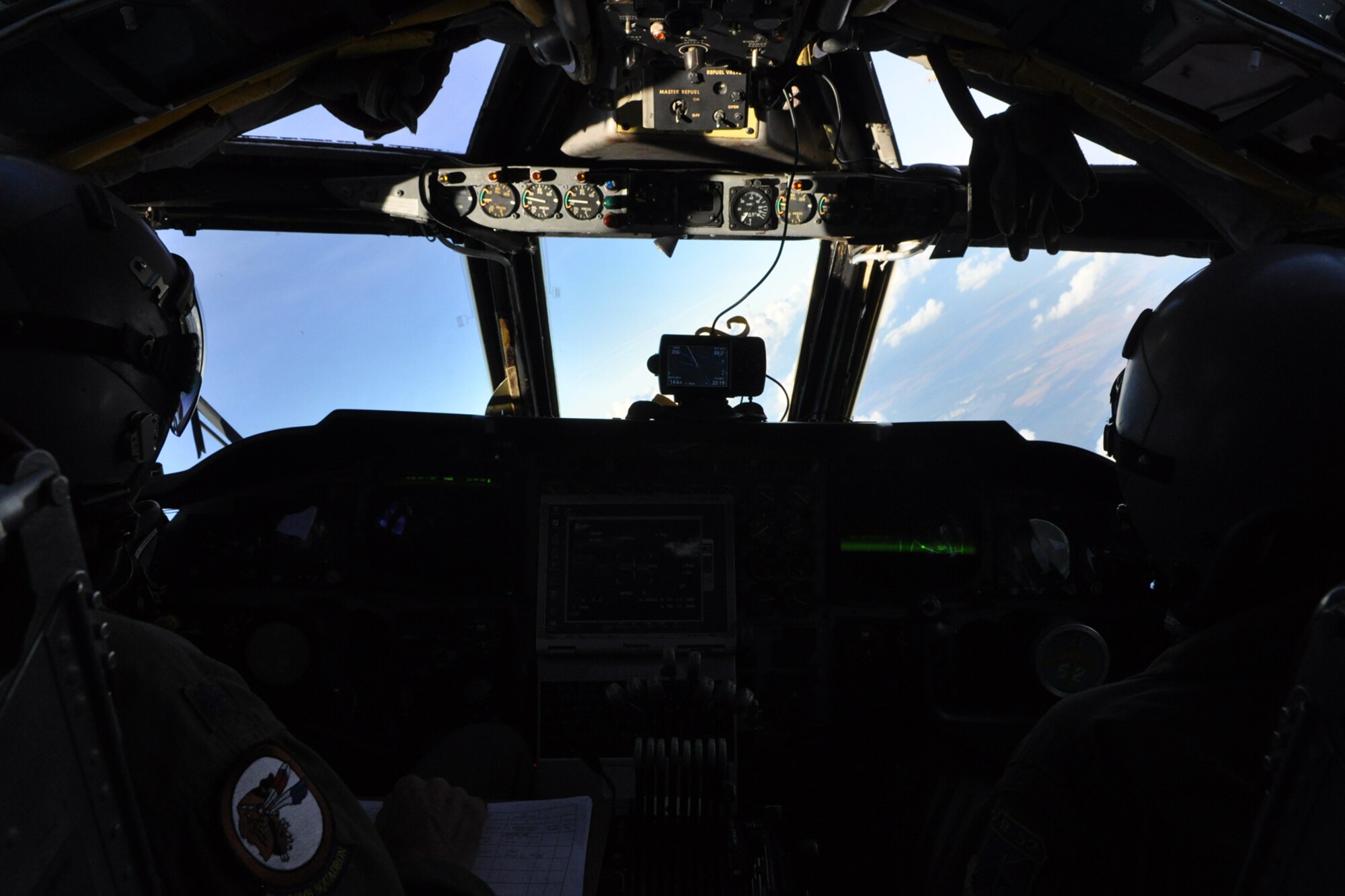 Lt. Col. Robert Vanhoy, command pilot, and Robert Burgess, an instructor pilot with the 93rd Bomb Squadron at Barksdale Air Force Base, La., make a turn for home after successfully completing several simulated bombing runs on their targets in a B-52 Stratofortress during a training sortie to the Claiborne Bombing and Gunnery Range near Alexandria, La., Oct. 27, 2010. (U.S. Air Force photo/Tech. Sgt. Jeff Walston)