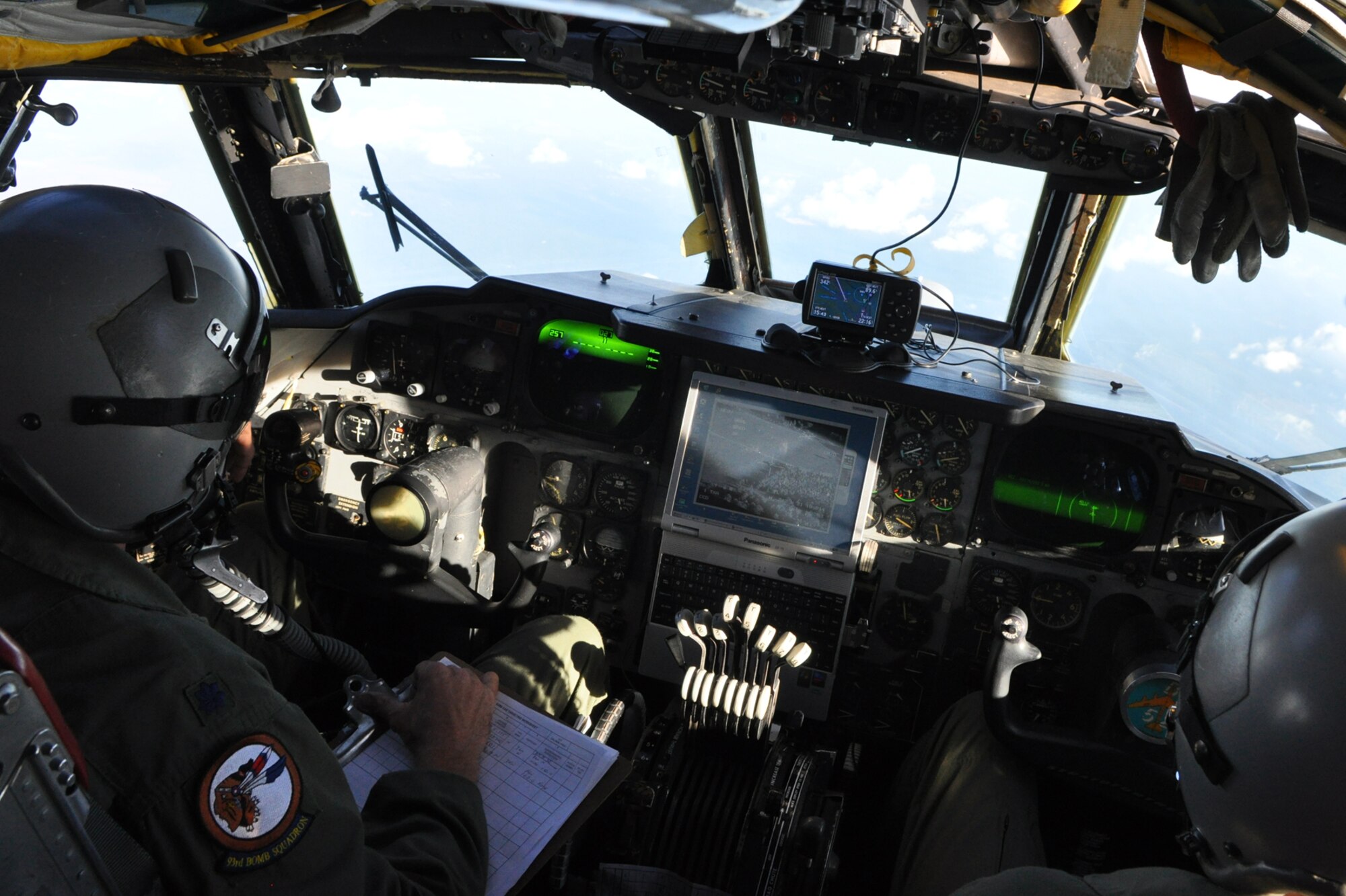 Lt. Col. Robert Vanhoy, command pilot, and Robert Burgess, an instructor pilot with the 93rd Bomb Squadron at Barksdale Air Force Base, La., bank right for another pass at the target during a simulated bombing mission in a B-52 Stratofortress during a training sortie to the Claiborne Bombing and Gunnery Range near Alexandria, La., Oct. 27, 2010. (U.S. Air Force photo/Tech. Sgt. Jeff Walston)


