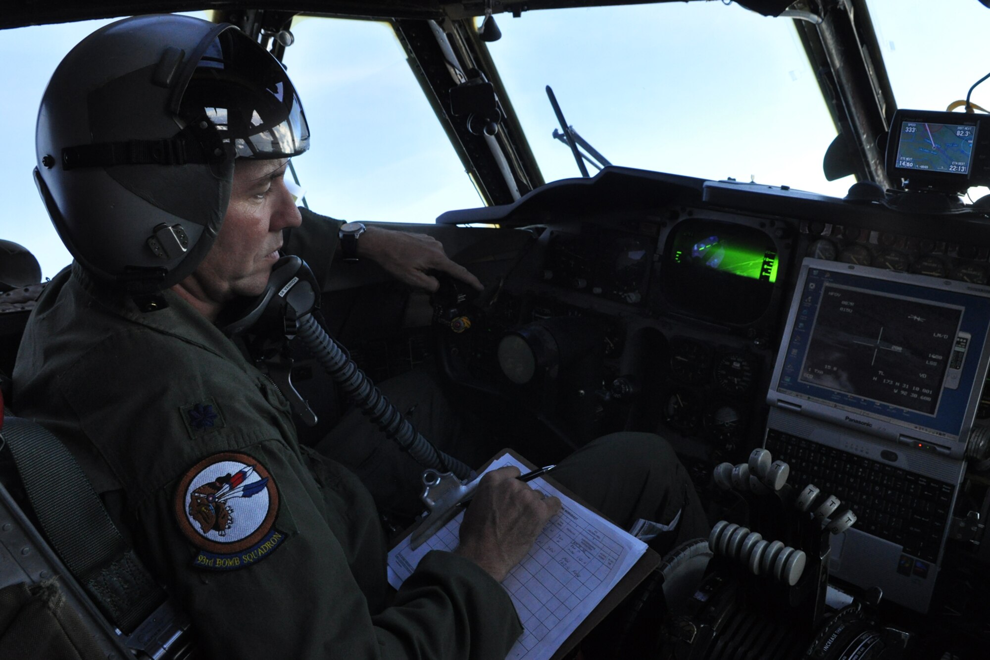 Lt. Col. Robert Vanhoy, command pilot, with the 93rd Bomb Squadron at Barksdale Air Force Base, La., checks the targeting pod for his target during a simulated bombing mission in a B-52 Stratofortress while on a training sortie to the Claiborne Bombing and Gunnery Range near Alexandria, La., Oct. 27, 2010. (U.S. Air Force photo/Tech. Sgt. Jeff Walston)