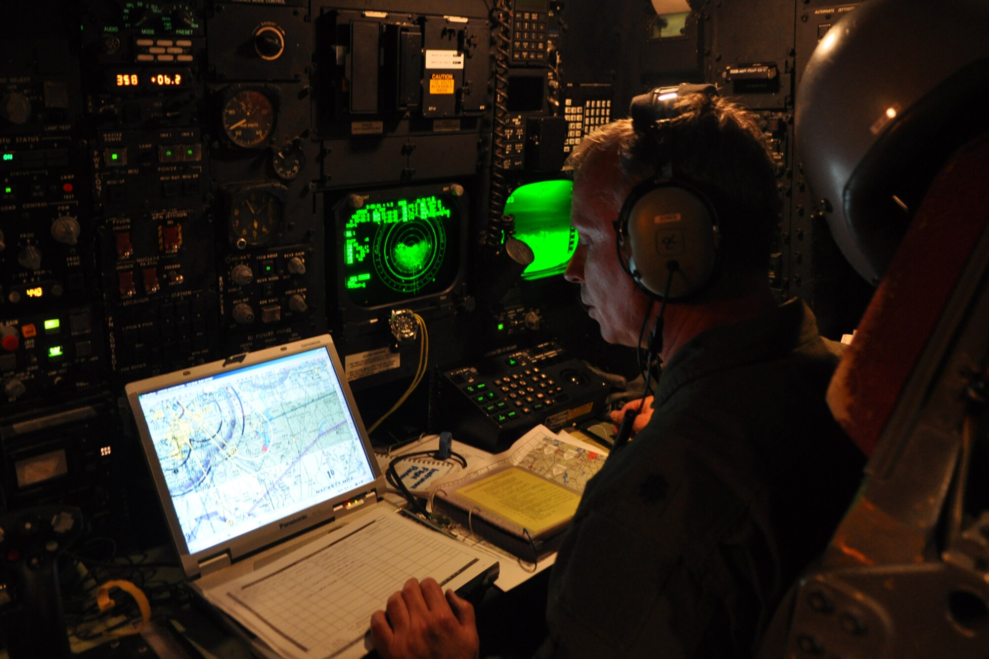 Lt. Col. Joseph Jones, commander of the 93rd Bomb Squadron at Barksdale Air Force Base, La., conducts a simulated bombing mission from the navigator’s seat of a B-52 Stratofortress during a training sortie to the Claiborne Bombing and Gunnery Range near Alexandria, La., Oct. 27, 2010. (U.S. Air Force photo/Tech. Sgt. Jeff Walston)