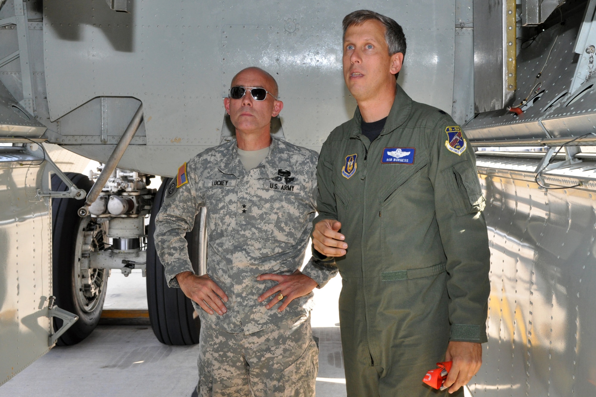 Lt. Col. Robert Burgess, an instructor pilot for the 93rd Bomb Squadron enlightens Maj. Gen. Charles D. Luckey about the multi-munitions capabilities of the B-52 Stratofortress while in a bomb bay during a pre-flight inspection at Barksdale Air Force Base, La., Oct. 27, 2010. General Luckey is a U.S. Army officer, and is the Assistant to the Chairman of the Joint Chiefs of Staff for Reserve Matters. He was visiting the 917th Wing at Barksdale to get a general feel for issues affecting the Reserve component. Thirty minutes later General Luckey made his first flight in that B-52. (U.S. Air Force photo/Tech. Sgt. Jeff Walston) 