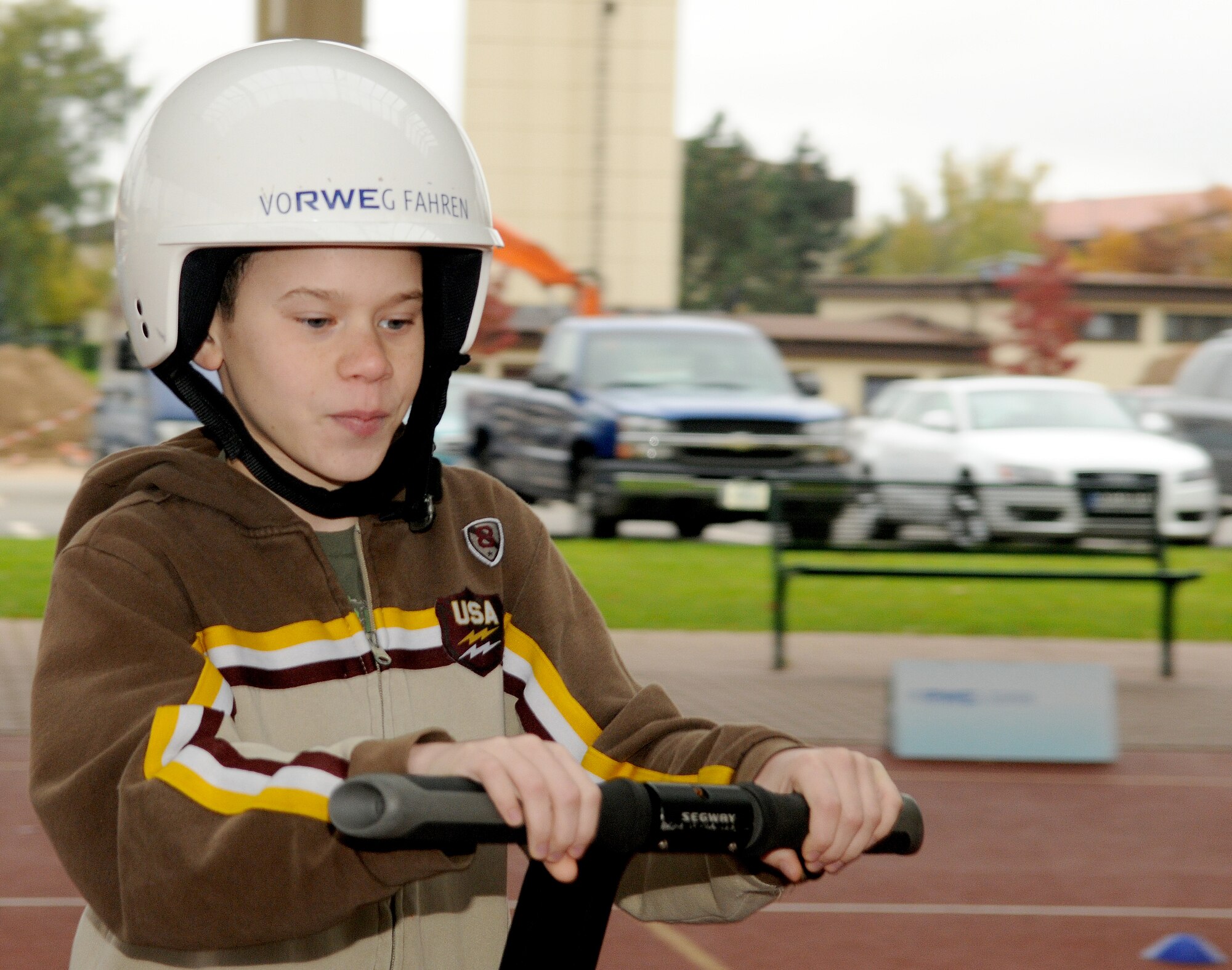 SPANGDAHLEM AIR BASE, Germany – Devin Keller, Bitburg Middle School sixth grade student, rides a Segway scooter during an Energy Awareness Month event Oct. 28. (U.S. Air Force photo/Senior Airman Nick Wilson)