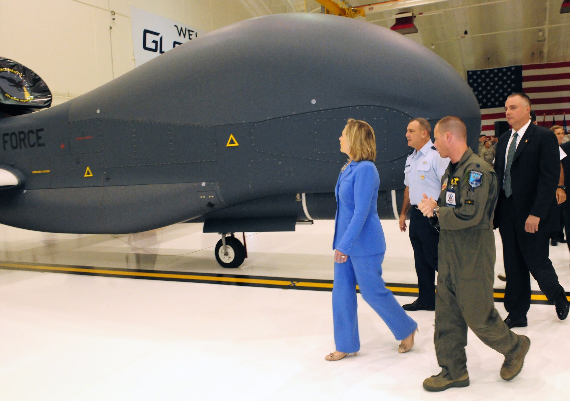 Secretary of State of the United States Hillary Rodham Clinton views the RQ-4 Global Hawk static display at Andersen Air Force Base Oct. 29, 2010. Clinton visited the base as part of her trip to the Asia-Pacific Region. She reaffirmed Guam?s importance to the nation, and her gratitude to the service members for their dedication and sacrifice.  (U.S. Air Force photo /Senior Airman Nichelle Anderson/ released)
