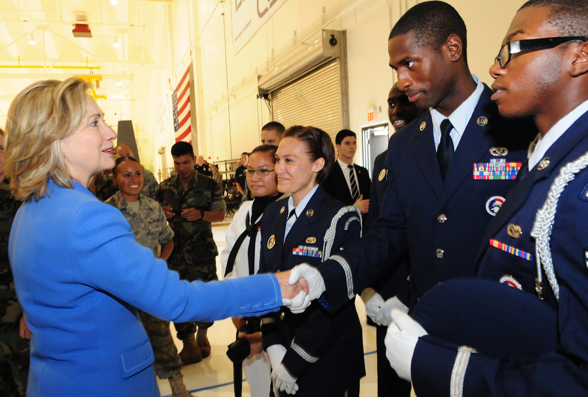 Secretary of State of the United States Hillary Rodham Clinton shakes hands of servicemembers at Andersen Air Force Base Oct. 29, 2010. Clinton visited the base as part of her trip to the Asia-Pacific Region. She reaffirmed Guam?s importance to the nation, and her gratitude to the service members for their dedication and sacrifice.  (U.S. Air Force photo /Senior Airman Nichelle Anderson/ released)