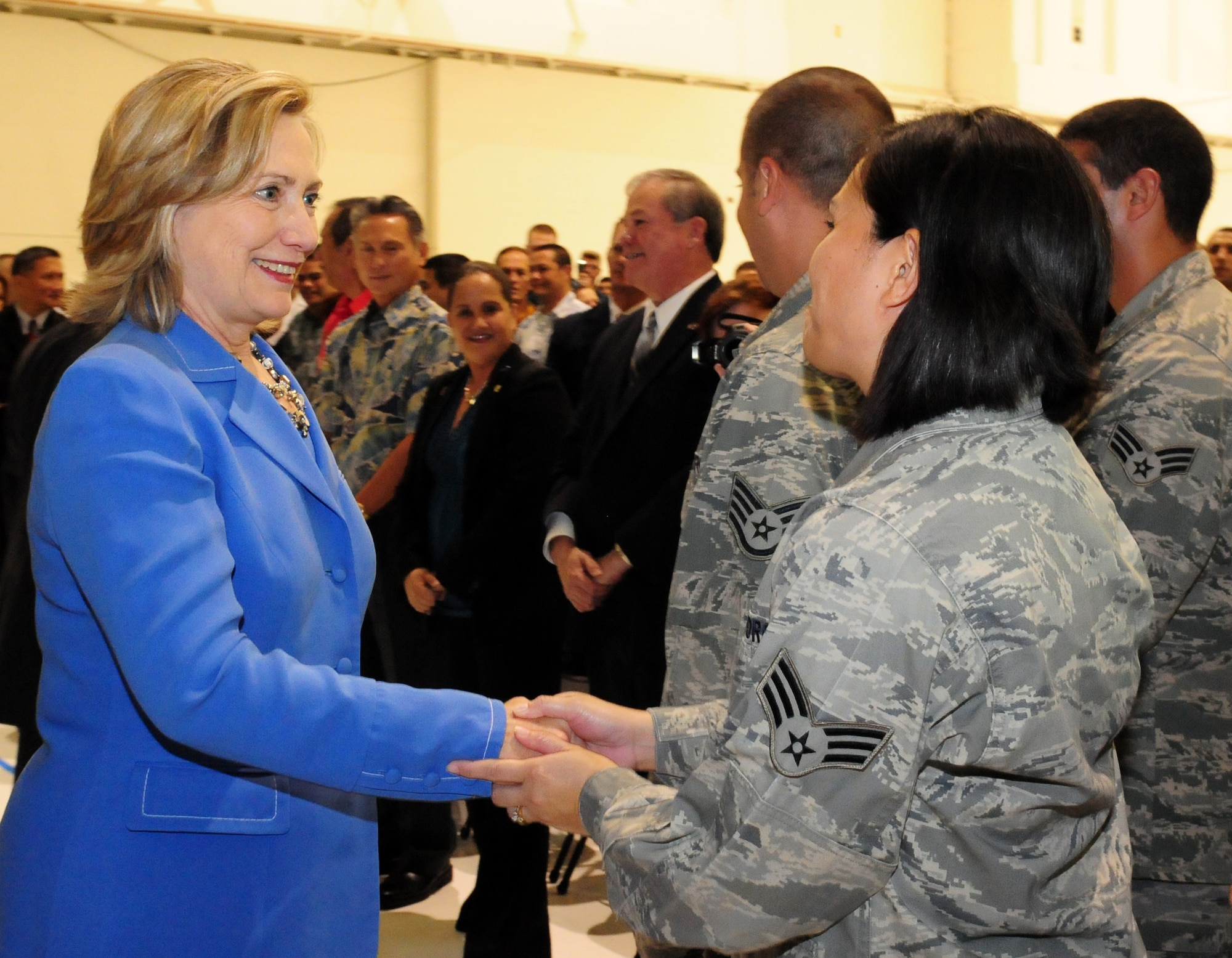 Secretary of State of the United States Hillary Rodham Clinton shakes hands of servicemembers at Andersen Air Force Base Oct. 29, 2010. Clinton visited the base as part of her trip to the Asia-Pacific Region. She reaffirmed Guam?s importance to the nation, and her gratitude to the service members for their dedication and sacrifice.  (U.S. Air Force photo /Senior Airman Nichelle Anderson/ released)